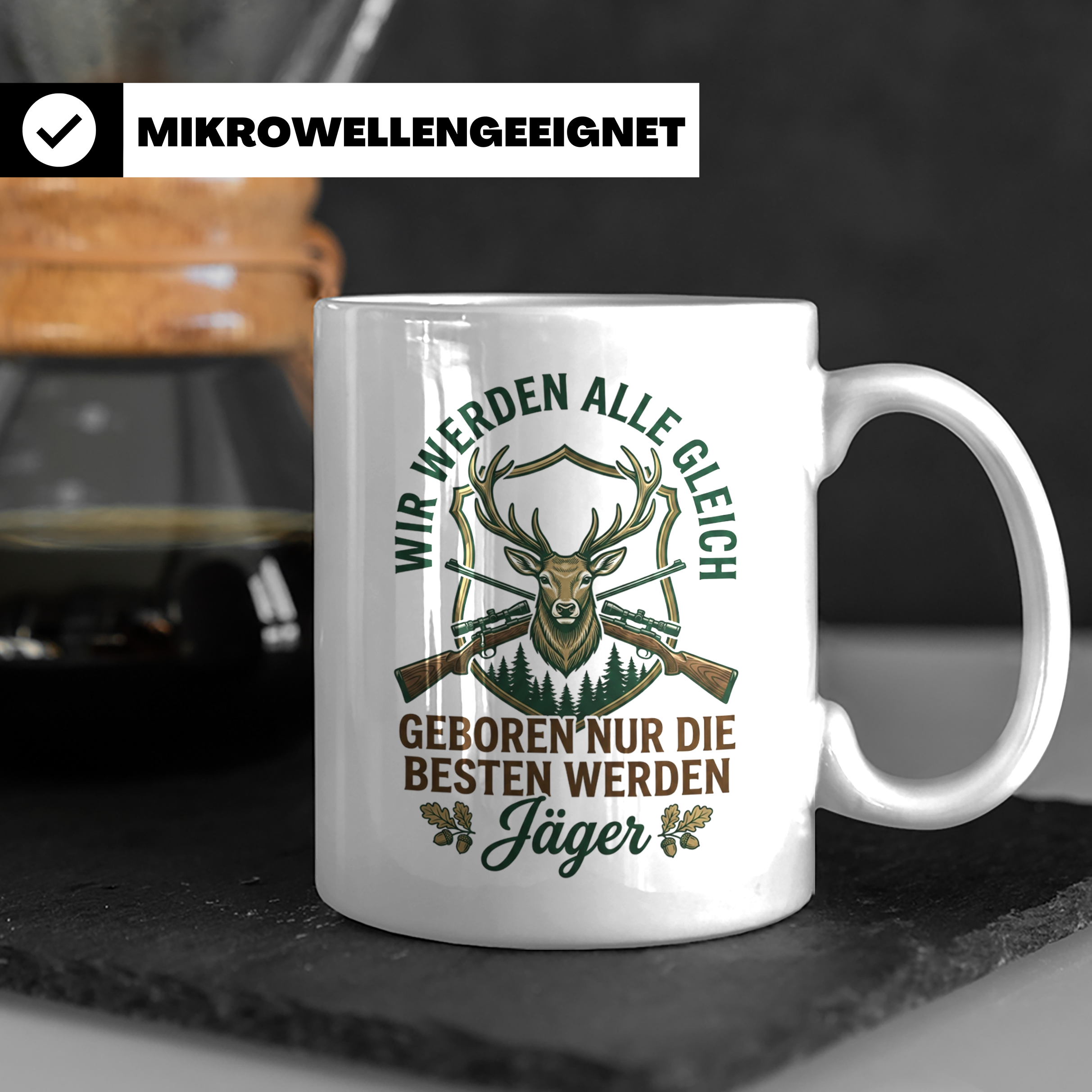 Jäger Tasse mit Spruch 'Nur die besten werden Jäger', Hirsch – Weiß [farbe:weiß]