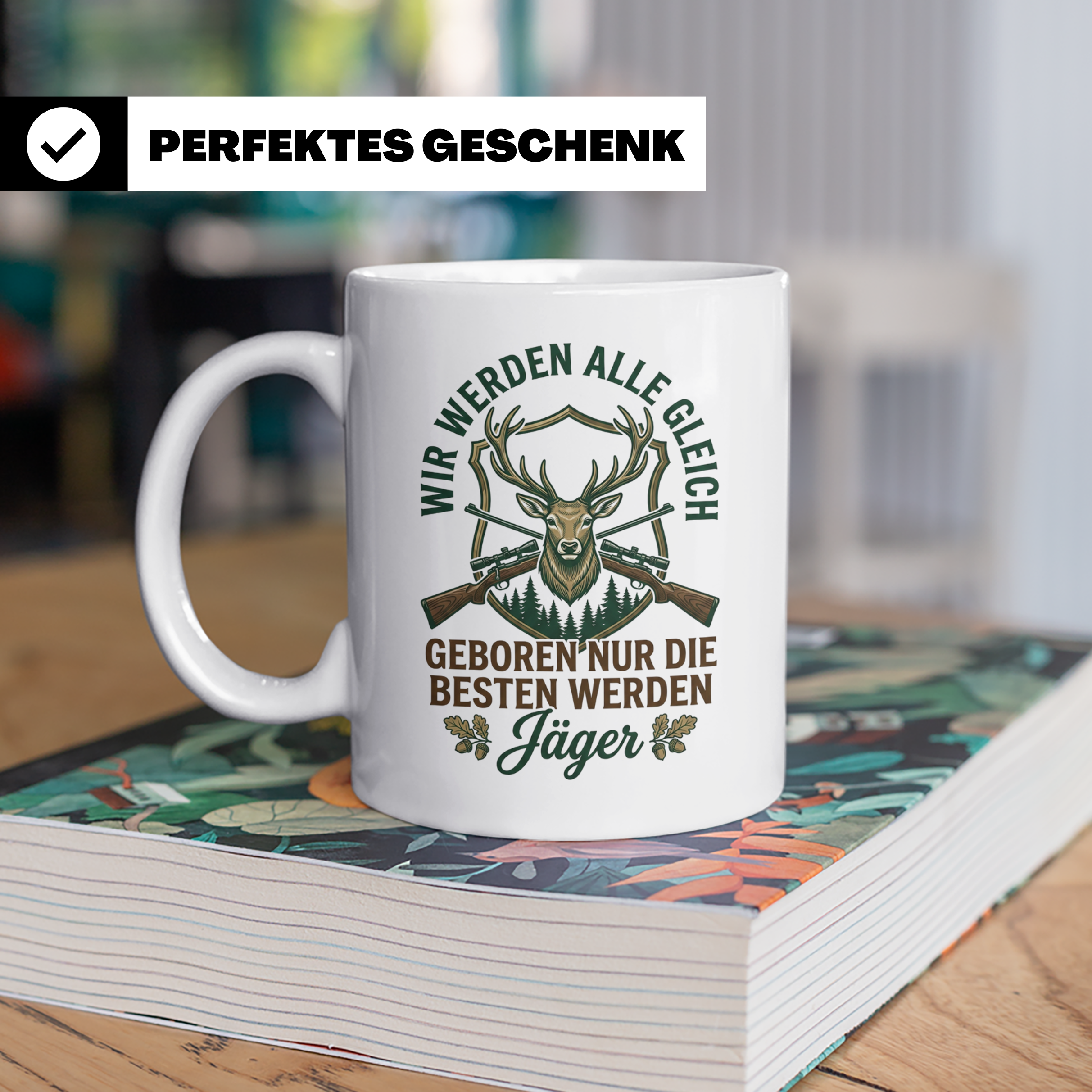 Jäger Tasse mit Spruch 'Nur die besten werden Jäger', Hirsch – Weiß [farbe:weiß]