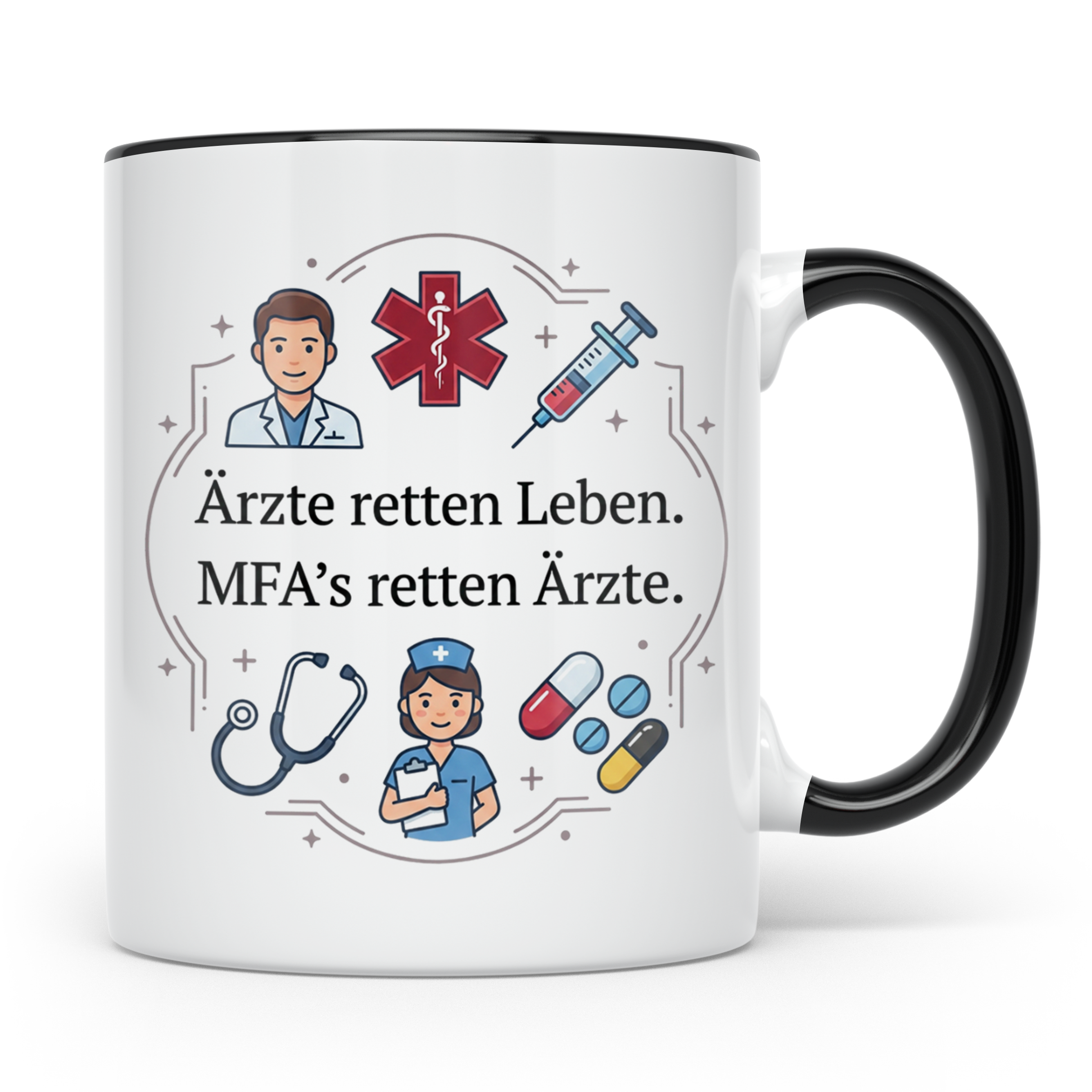 MFA Tasse mit Spruch 'Ärzte retten Leben MFAs retten Ärzte'  – Schwarz [farbe:schwarz]