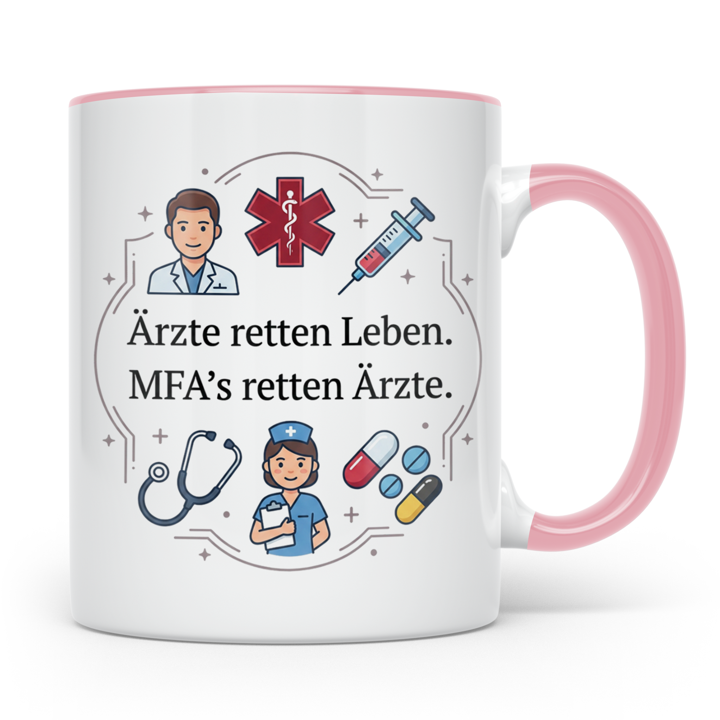 MFA Tasse mit Spruch 'Ärzte retten Leben MFAs retten Ärzte'  – Rosa [farbe:rosa]