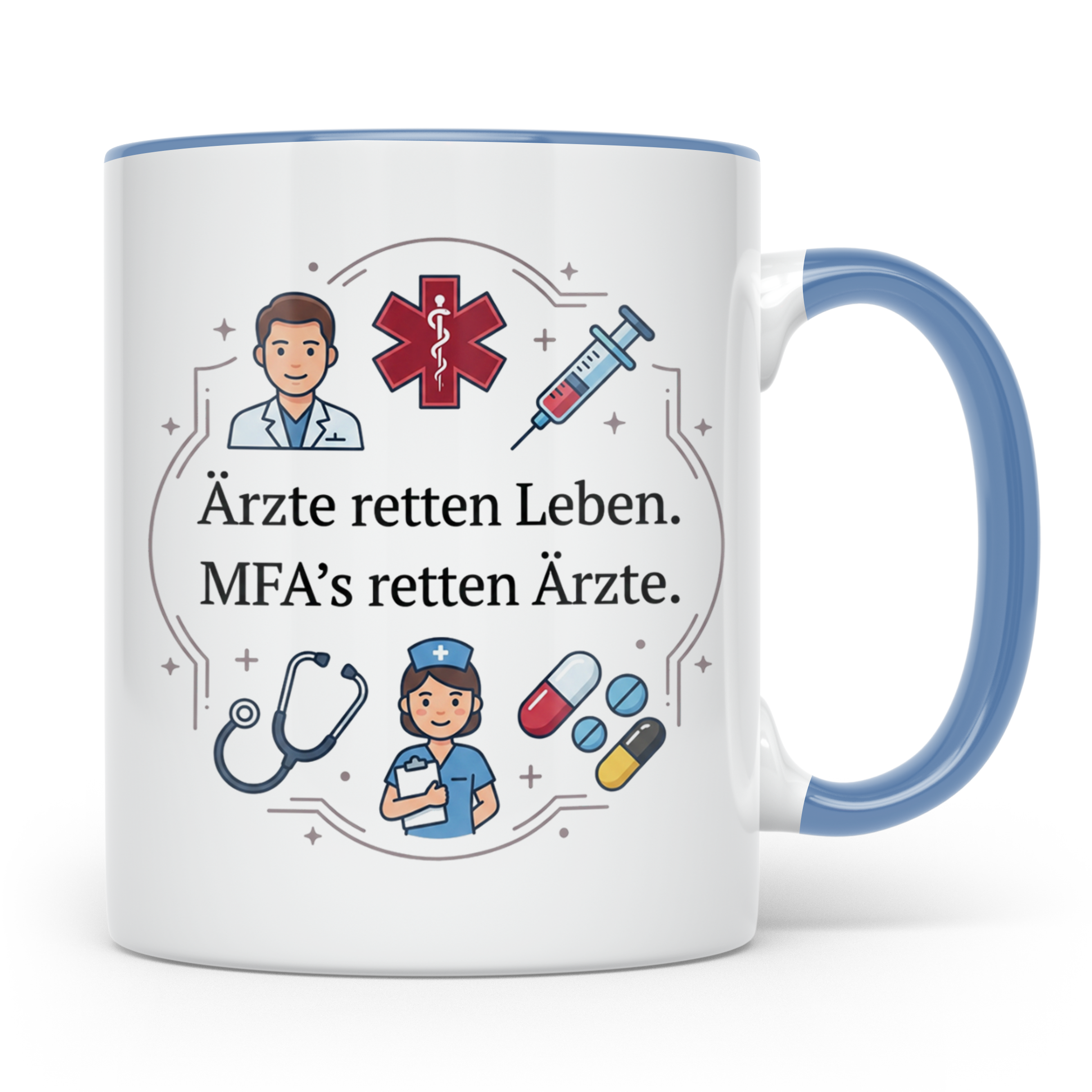 MFA Tasse mit Spruch 'Ärzte retten Leben MFAs retten Ärzte'  – Blau [farbe:blau]
