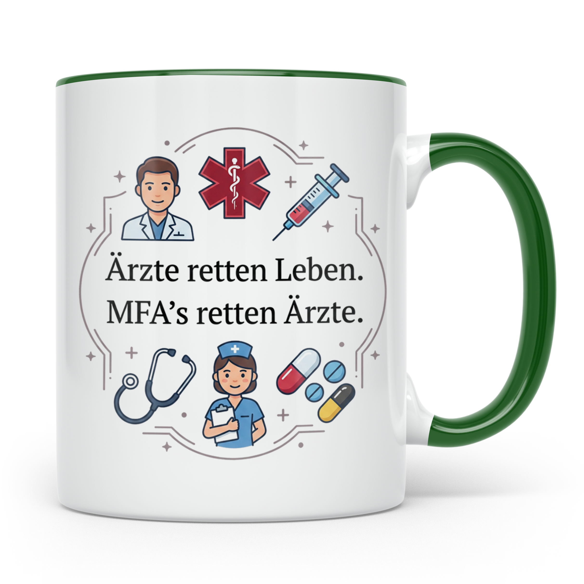 MFA Tasse mit Spruch 'Ärzte retten Leben MFAs retten Ärzte'  – Grün [farbe:grün]