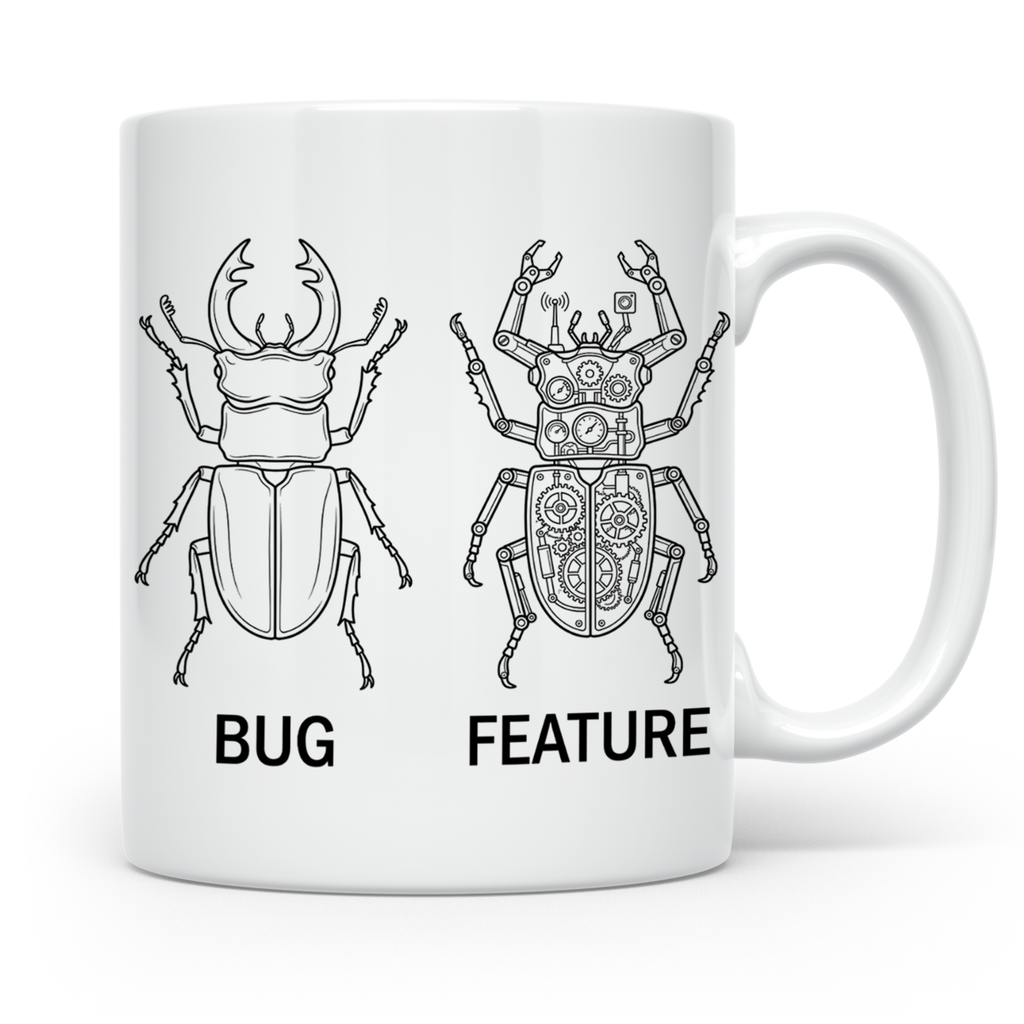 Programmierer Tasse Bug Feature, lustiger Spruch für Entwick – Weiß [farbe:weiß]
