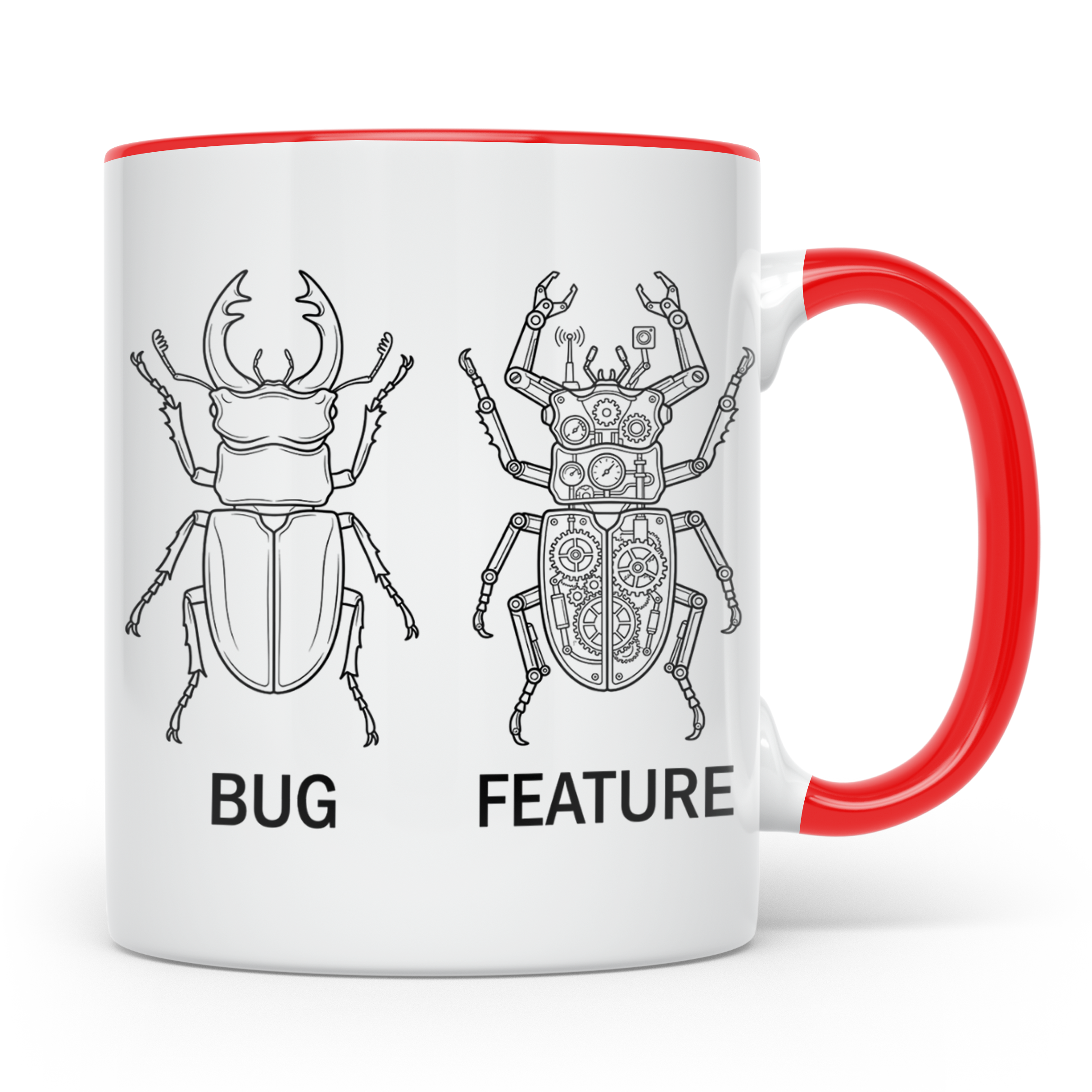 Programmierer Tasse Bug Feature, lustiger Spruch für Entwick – Rot [farbe:rot]