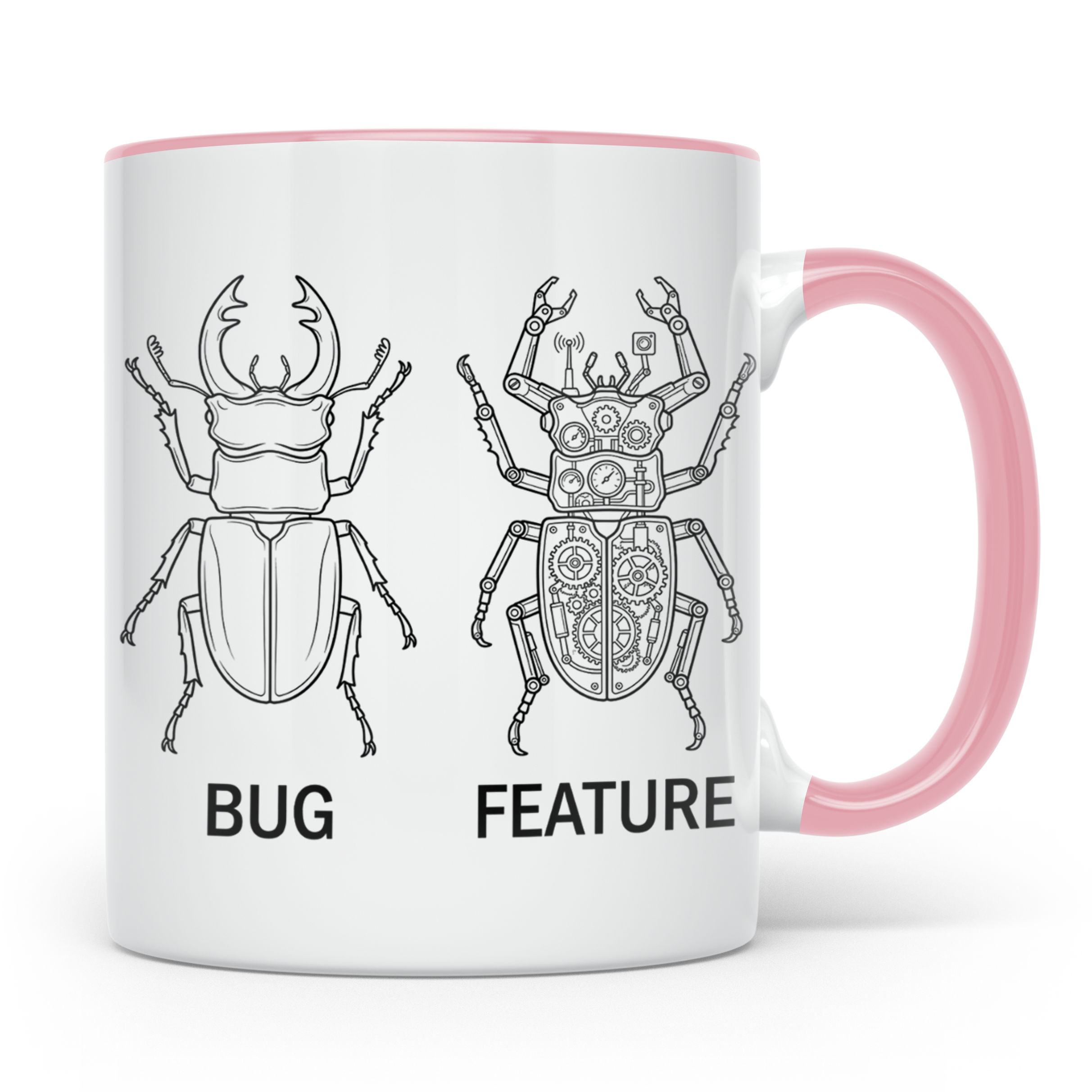 Programmierer Tasse Bug Feature, lustiger Spruch für Entwick – Rosa [farbe:rosa]