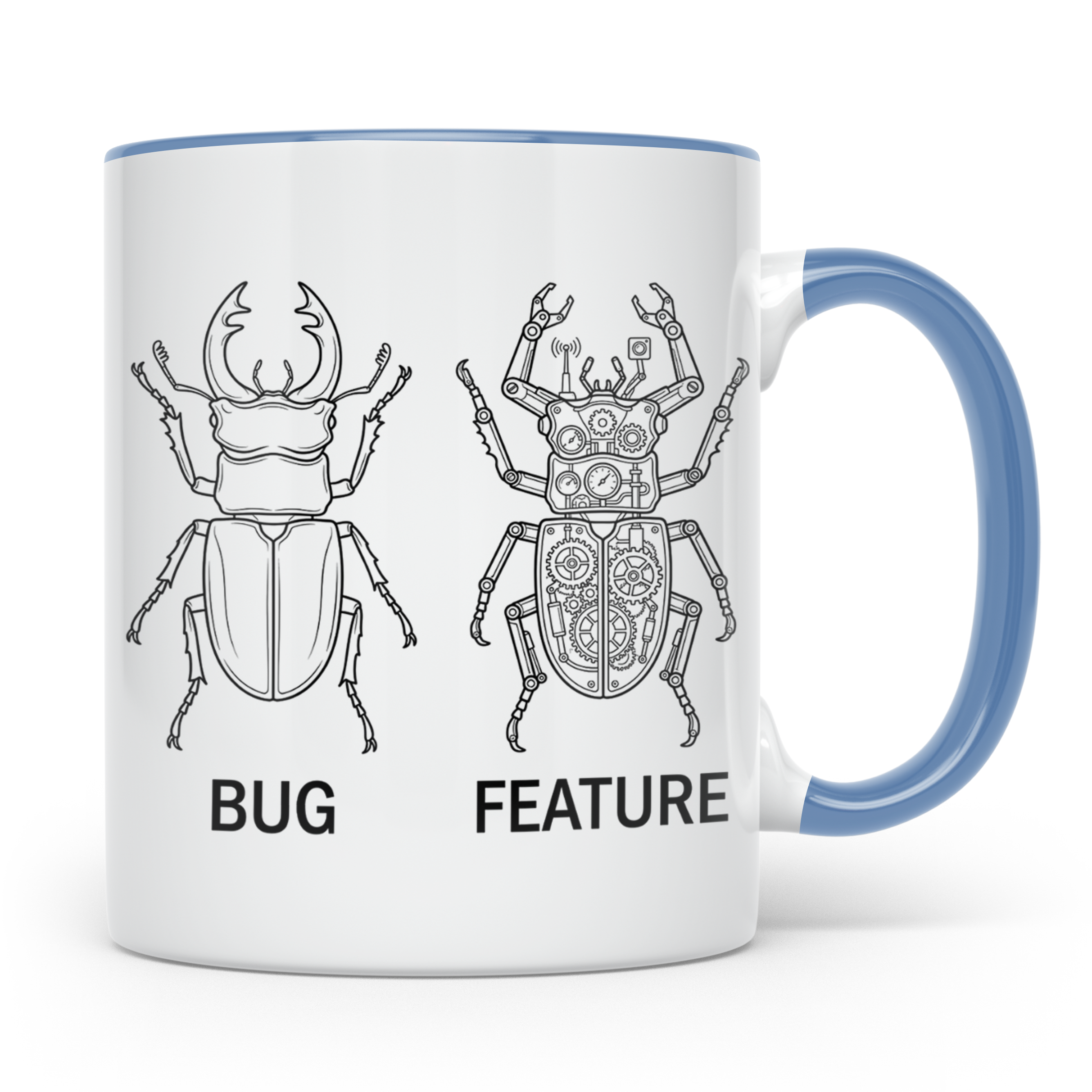 Programmierer Tasse Bug Feature, lustiger Spruch für Entwick – Blau [farbe:blau]
