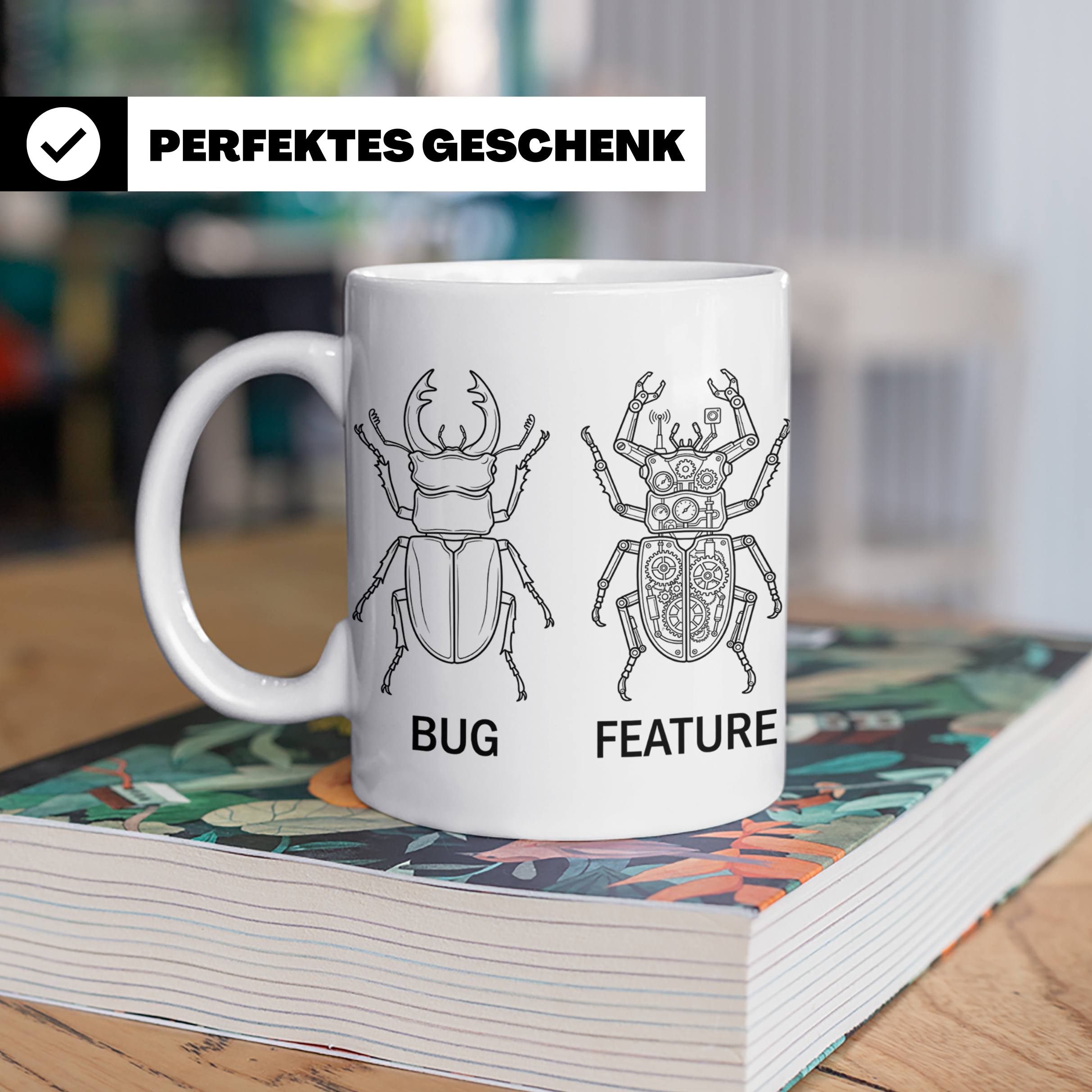 Programmierer Tasse Bug Feature, lustiger Spruch für Entwick – Weiß [farbe:weiß]