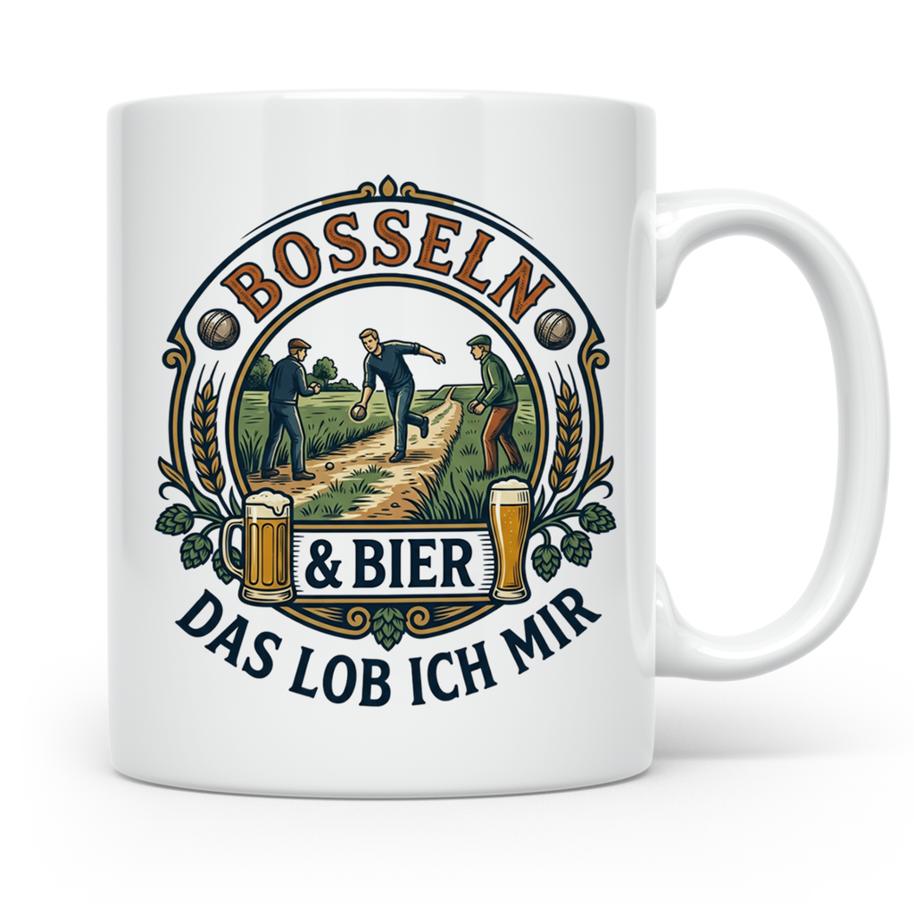 Bosseln Tasse mit Spruch Bosseln & Bier Das lob ich mir | Ge – Weiß [farbe:weiß]