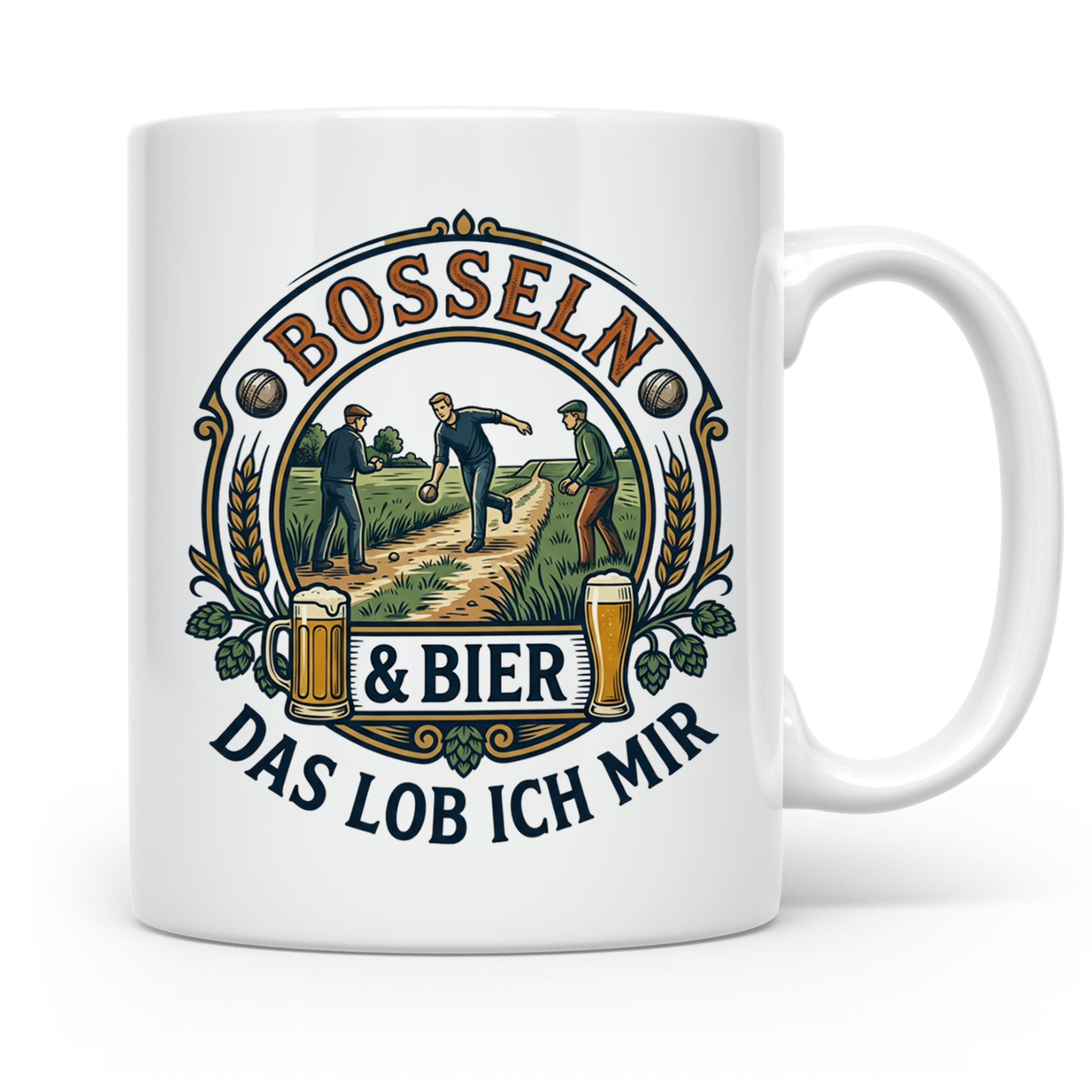Bosseln Tasse mit Spruch Bosseln & Bier Das lob ich mir | Ge – Weiß [farbe:weiß]