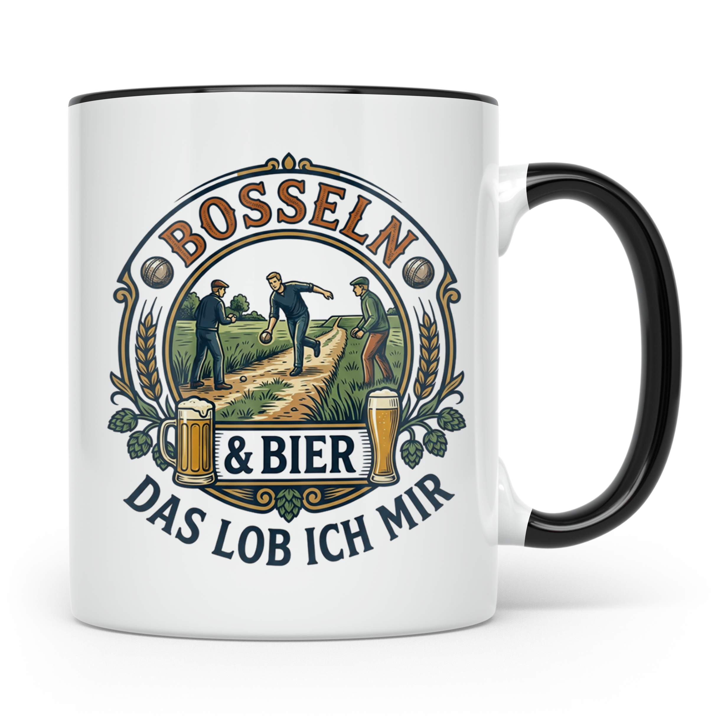 Bosseln Tasse mit Spruch Bosseln & Bier Das lob ich mir | Ge – Schwarz [farbe:schwarz]