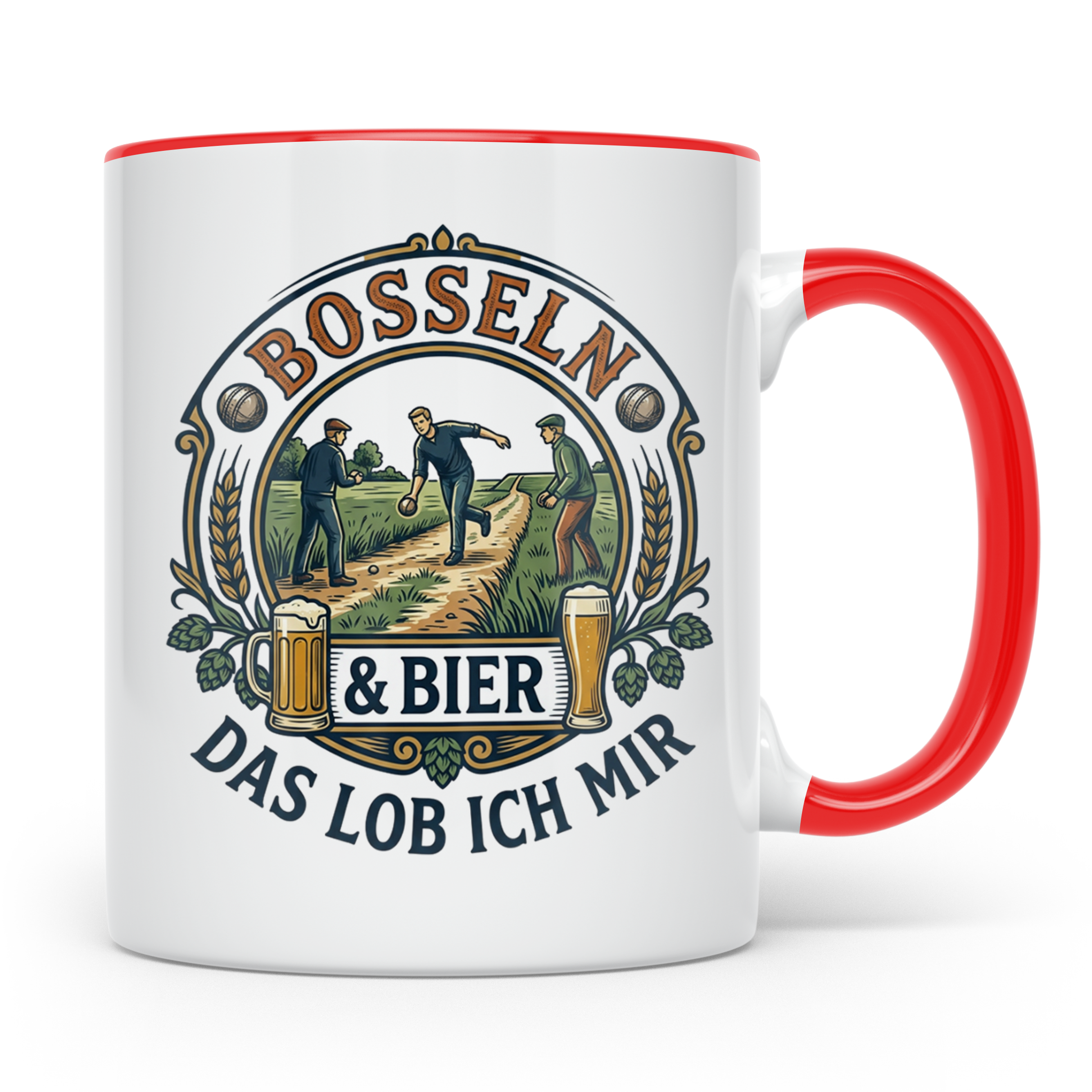 Bosseln Tasse mit Spruch Bosseln & Bier Das lob ich mir | Ge – Rot [farbe:rot]