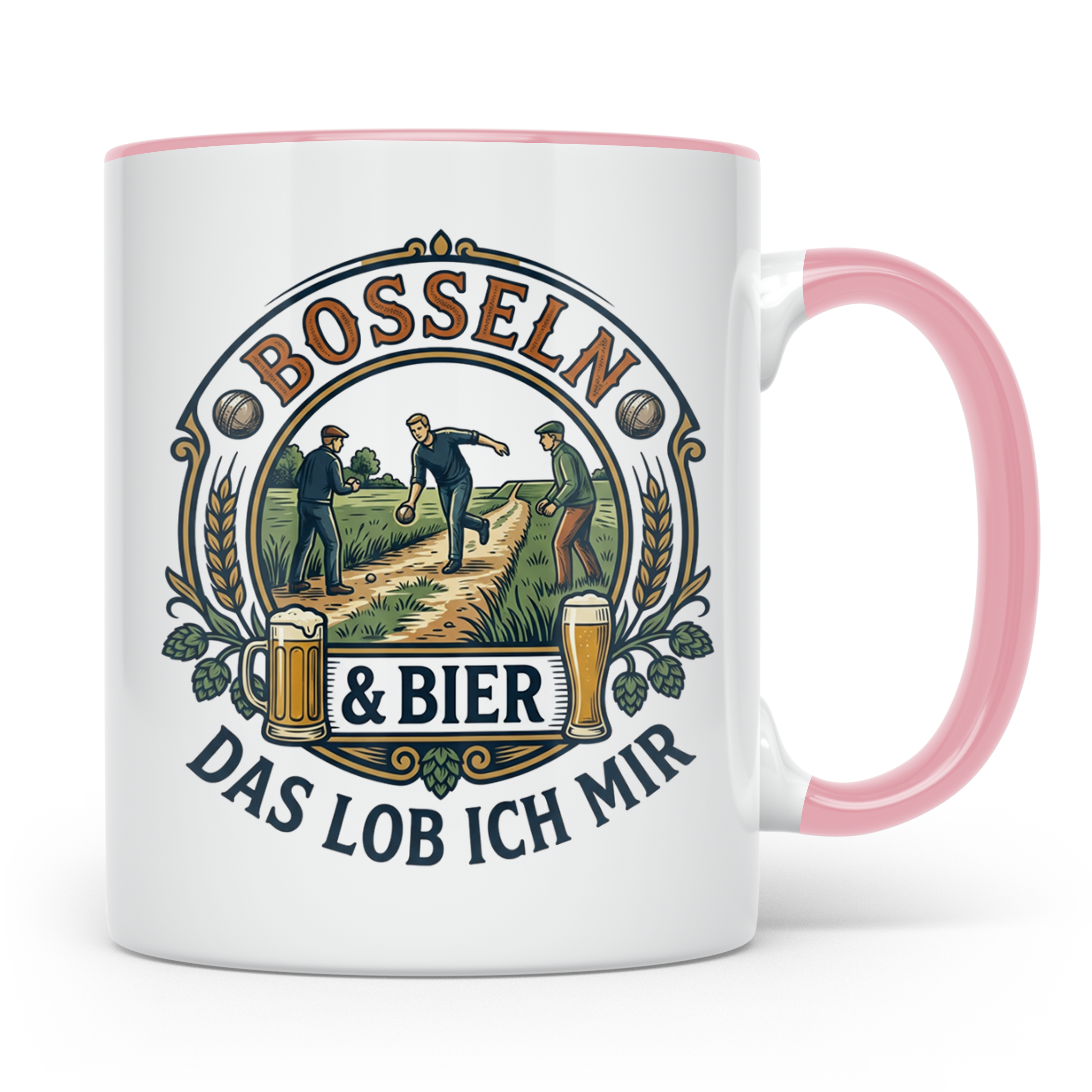 Bosseln Tasse mit Spruch Bosseln & Bier Das lob ich mir | Ge – Rosa [farbe:rosa]