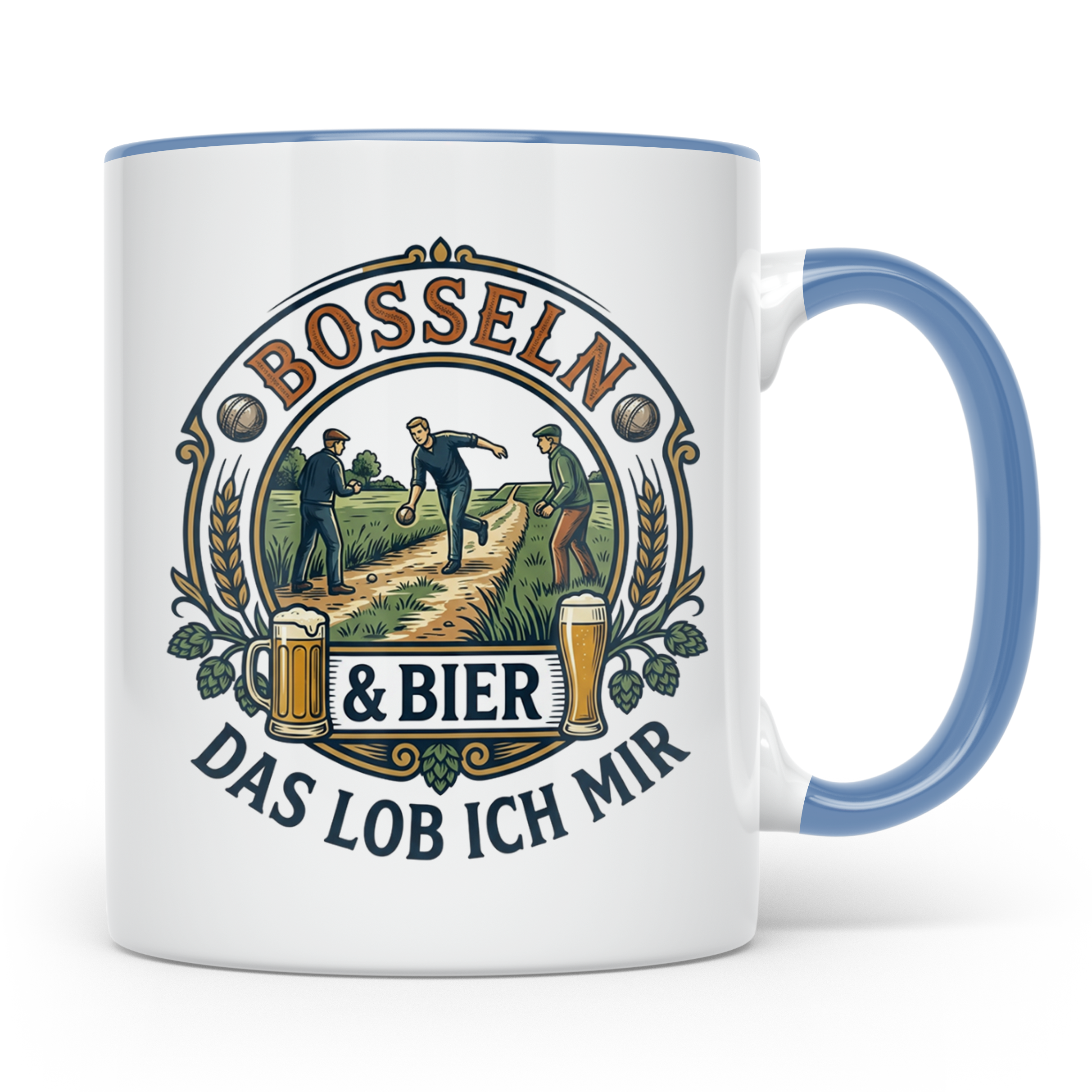 Bosseln Tasse mit Spruch Bosseln & Bier Das lob ich mir | Ge – Blau [farbe:blau]