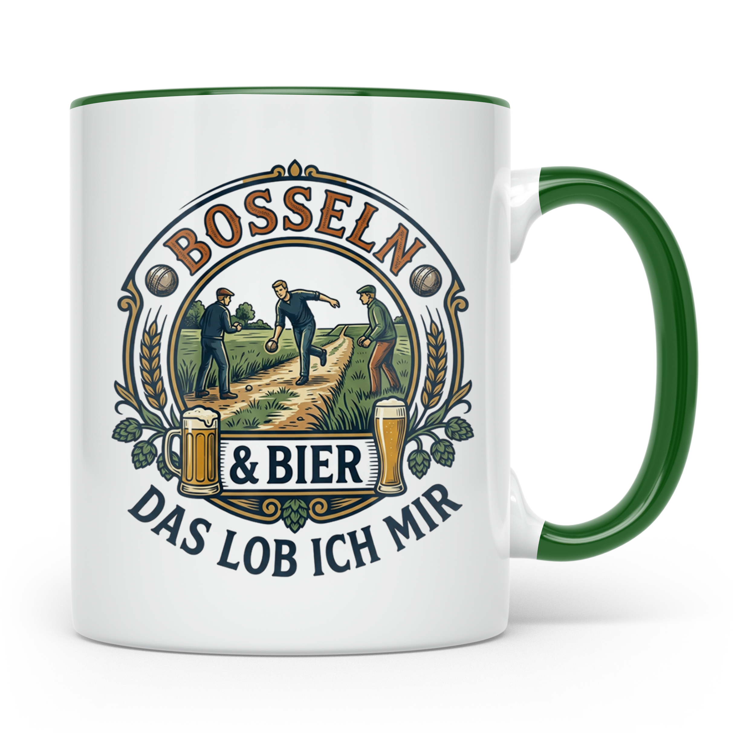 Bosseln Tasse mit Spruch Bosseln & Bier Das lob ich mir | Ge – Grün [farbe:grün]