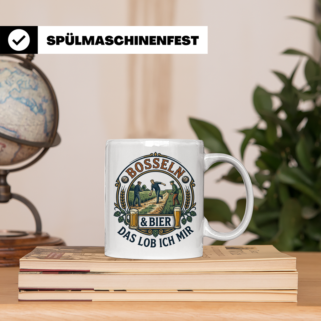 Bosseln Tasse mit Spruch Bosseln & Bier Das lob ich mir | Ge – Weiß [farbe:weiß]