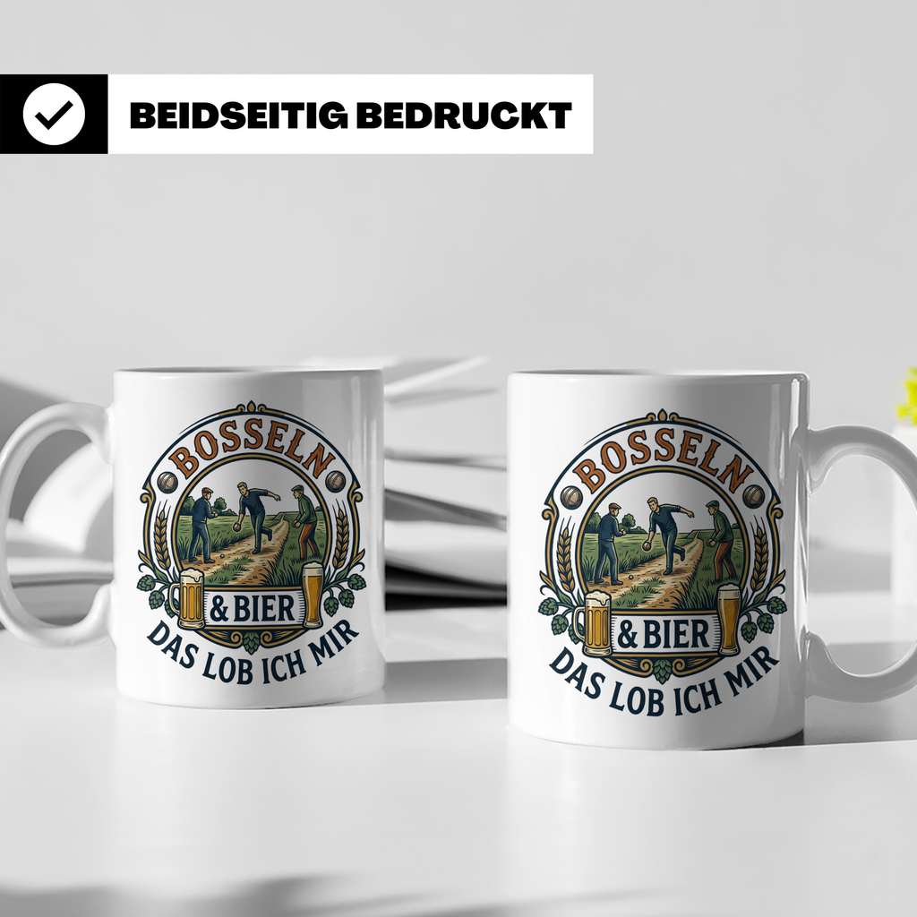 Bosseln Tasse mit Spruch Bosseln & Bier Das lob ich mir | Ge – Weiß [farbe:weiß]