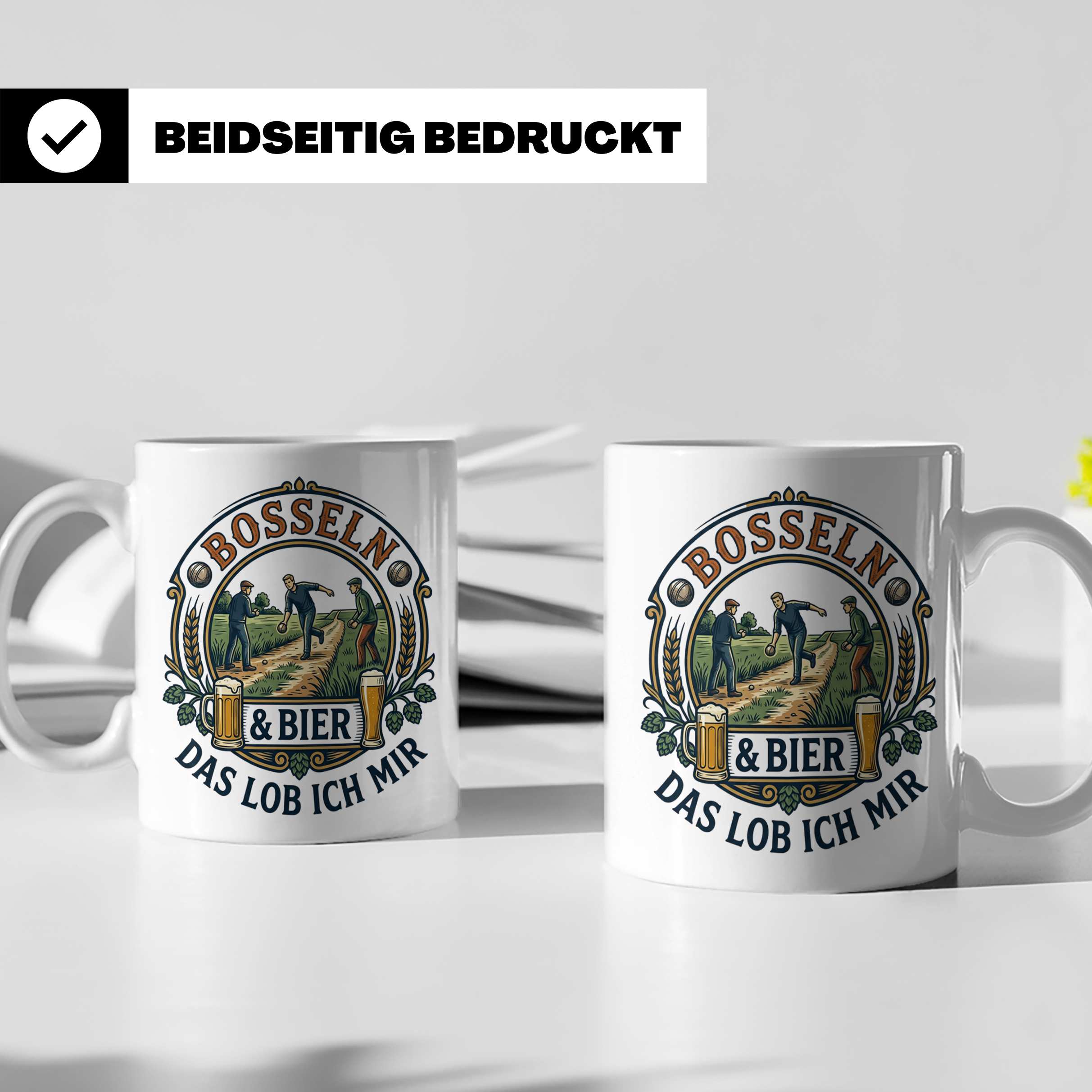 Bosseln Tasse mit Spruch Bosseln & Bier Das lob ich mir | Ge – Weiß [farbe:weiß]
