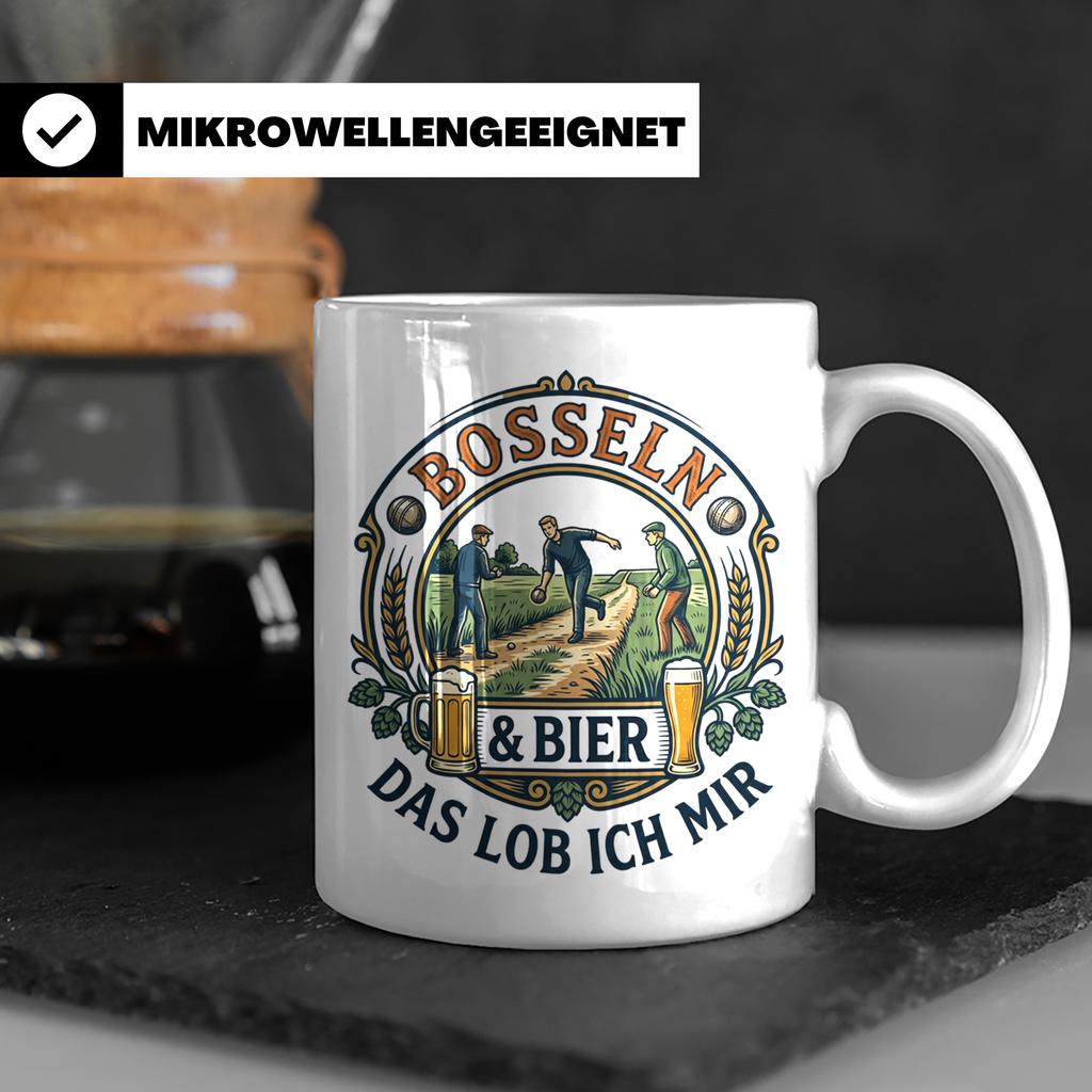 Bosseln Tasse mit Spruch Bosseln & Bier Das lob ich mir | Ge – Weiß [farbe:weiß]