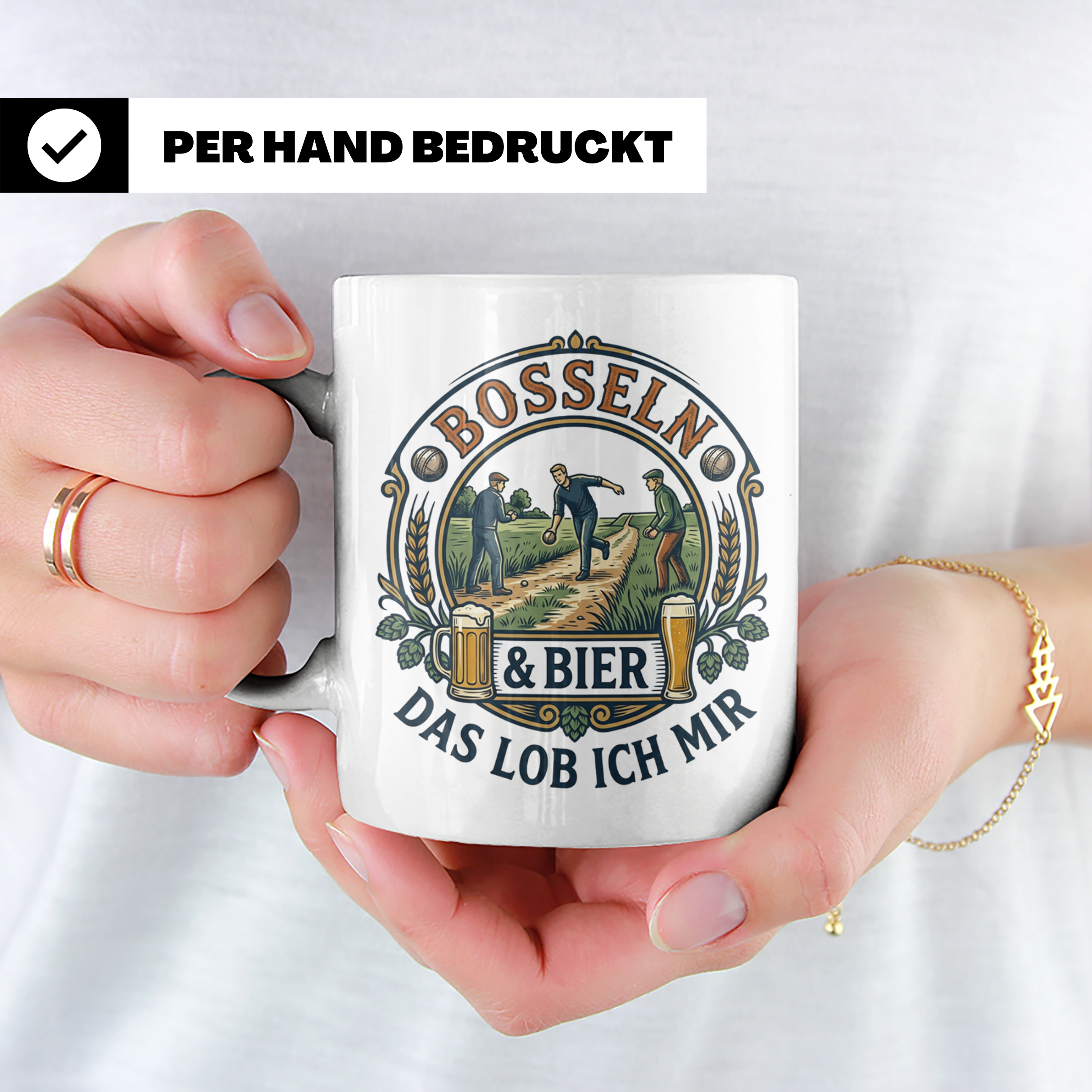 Bosseln Tasse mit Spruch Bosseln & Bier Das lob ich mir | Ge – Weiß [farbe:weiß]