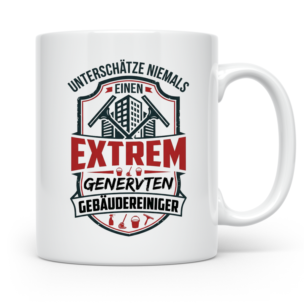 Gebäudereiniger Tasse Spruch Unterschätze niemals genervten  – Weiß [farbe:weiß]
