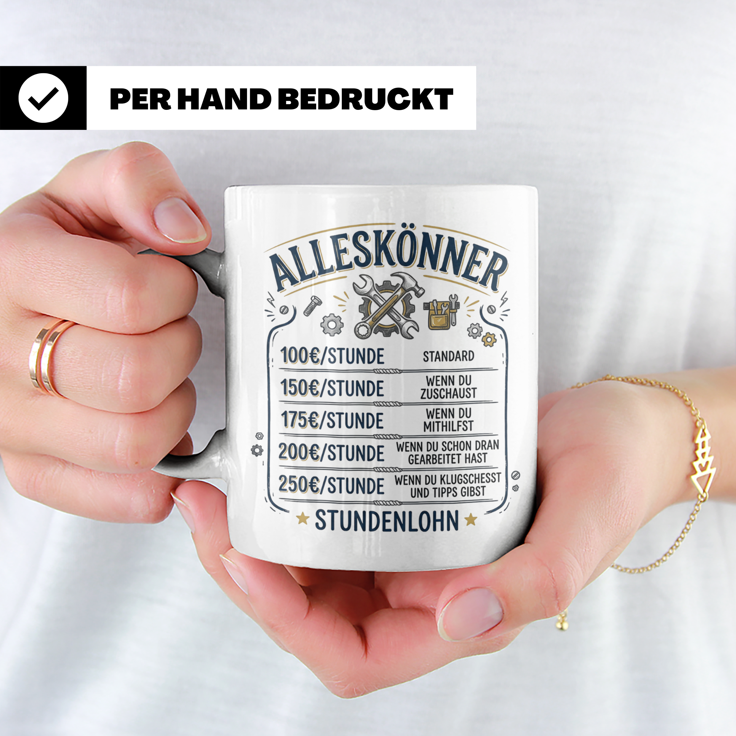 Handwerker Tasse mit lustigem Spruch Stundenlohn Alleskönner – Weiß [farbe:weiß]