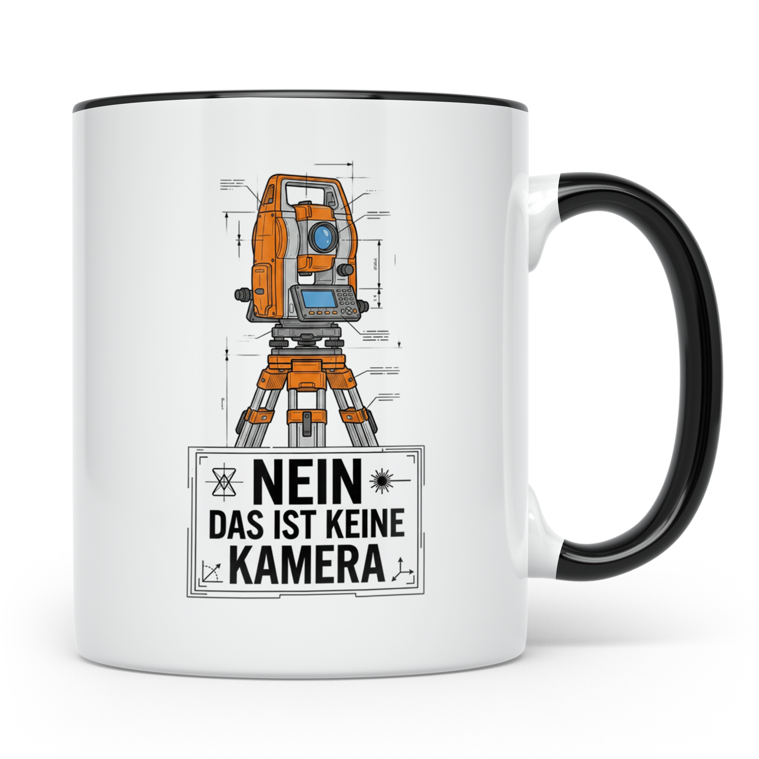 Vermesser Tasse mit Spruch Nein das ist keine Kamera, Gesche – Schwarz [farbe:schwarz]