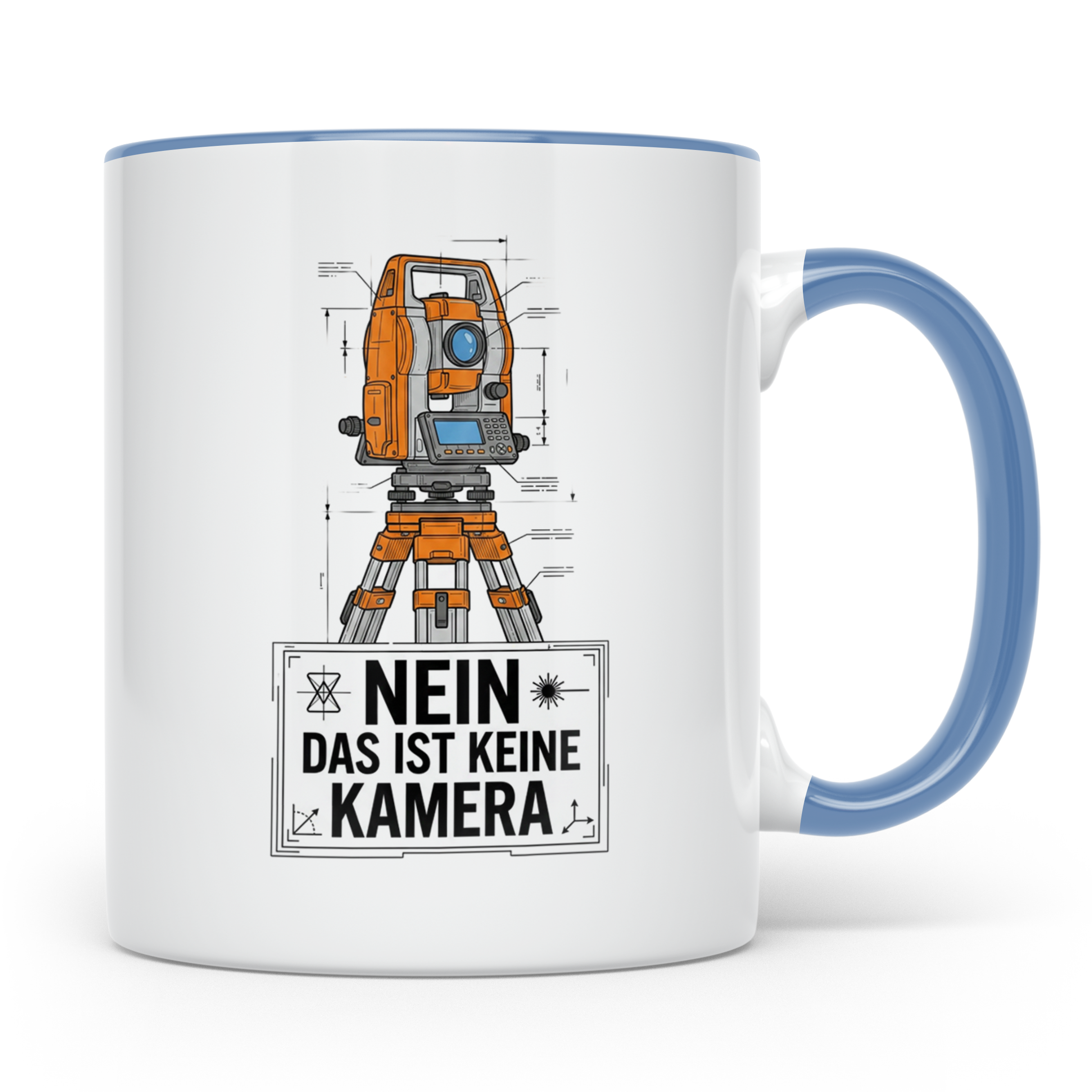 Vermesser Tasse mit Spruch Nein das ist keine Kamera, Gesche – Blau [farbe:blau]