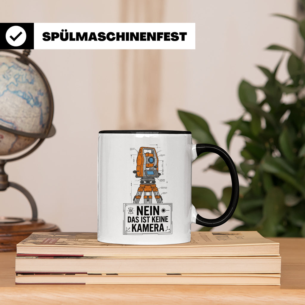 Vermesser Tasse mit Spruch Nein das ist keine Kamera, Gesche – Schwarz [farbe:schwarz]