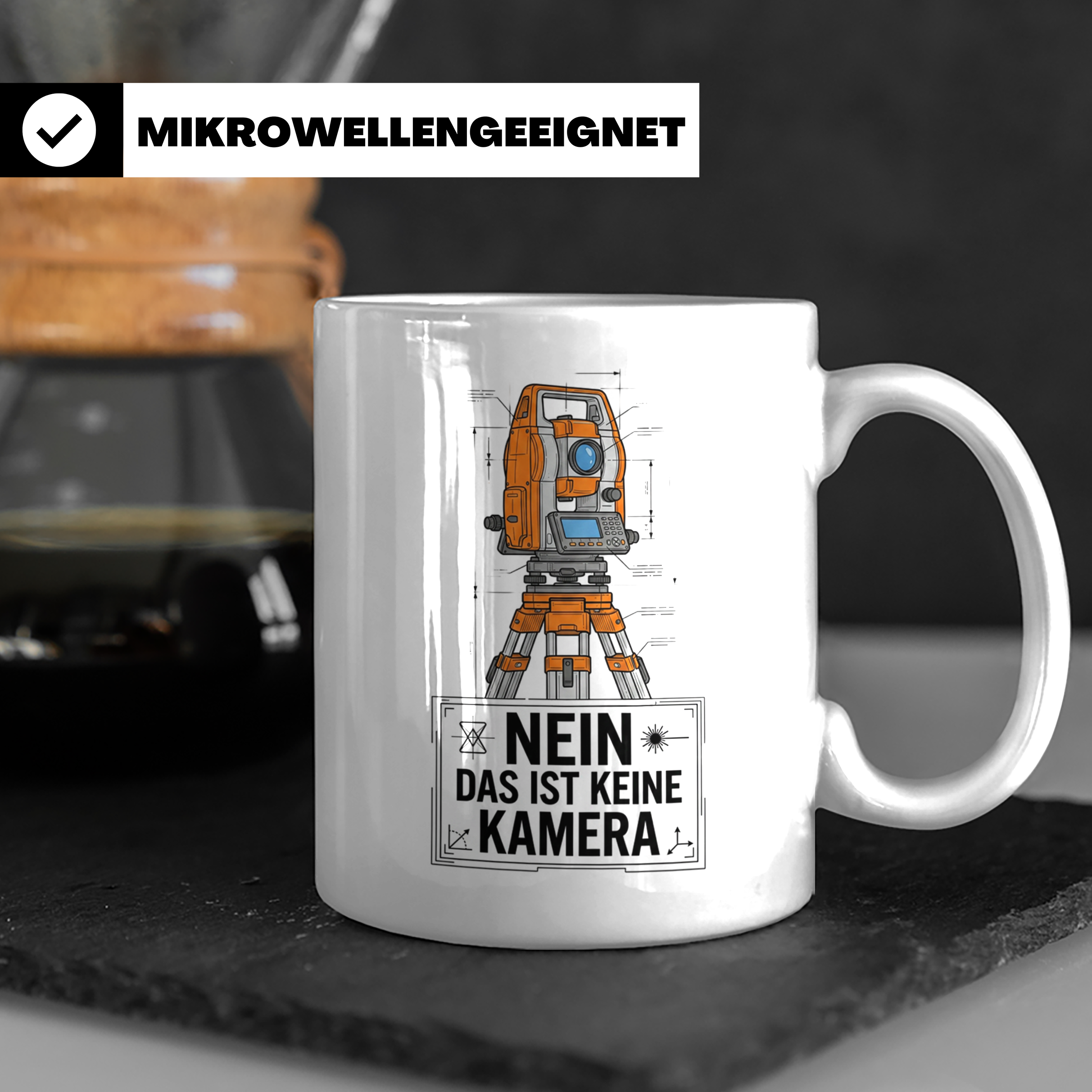 Vermesser Tasse mit Spruch Nein das ist keine Kamera, Gesche – Weiß [farbe:weiß]