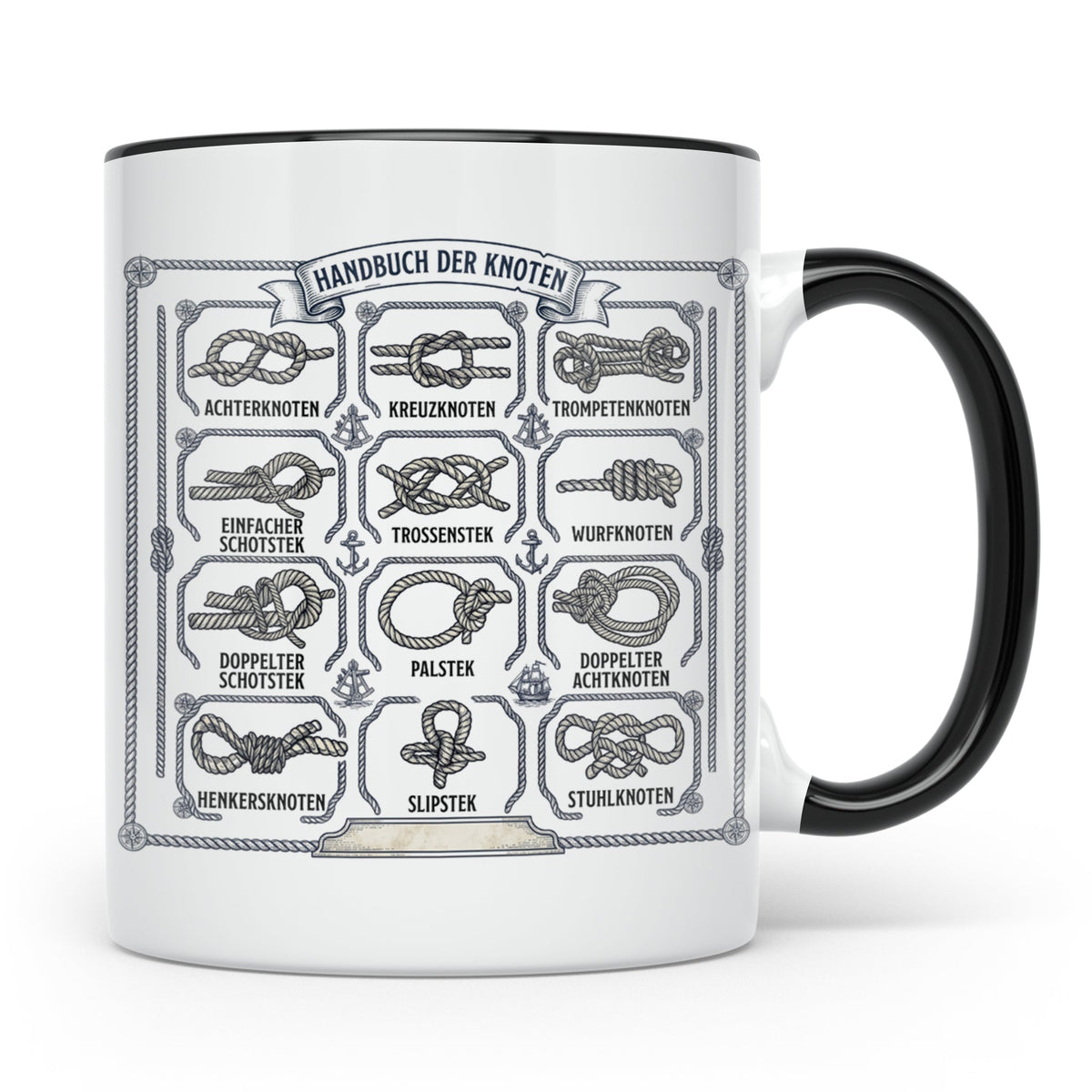 Knotenkunde Tasse mit Segelknoten & Seemannsknoten, Handbuch – Schwarz [farbe:schwarz]