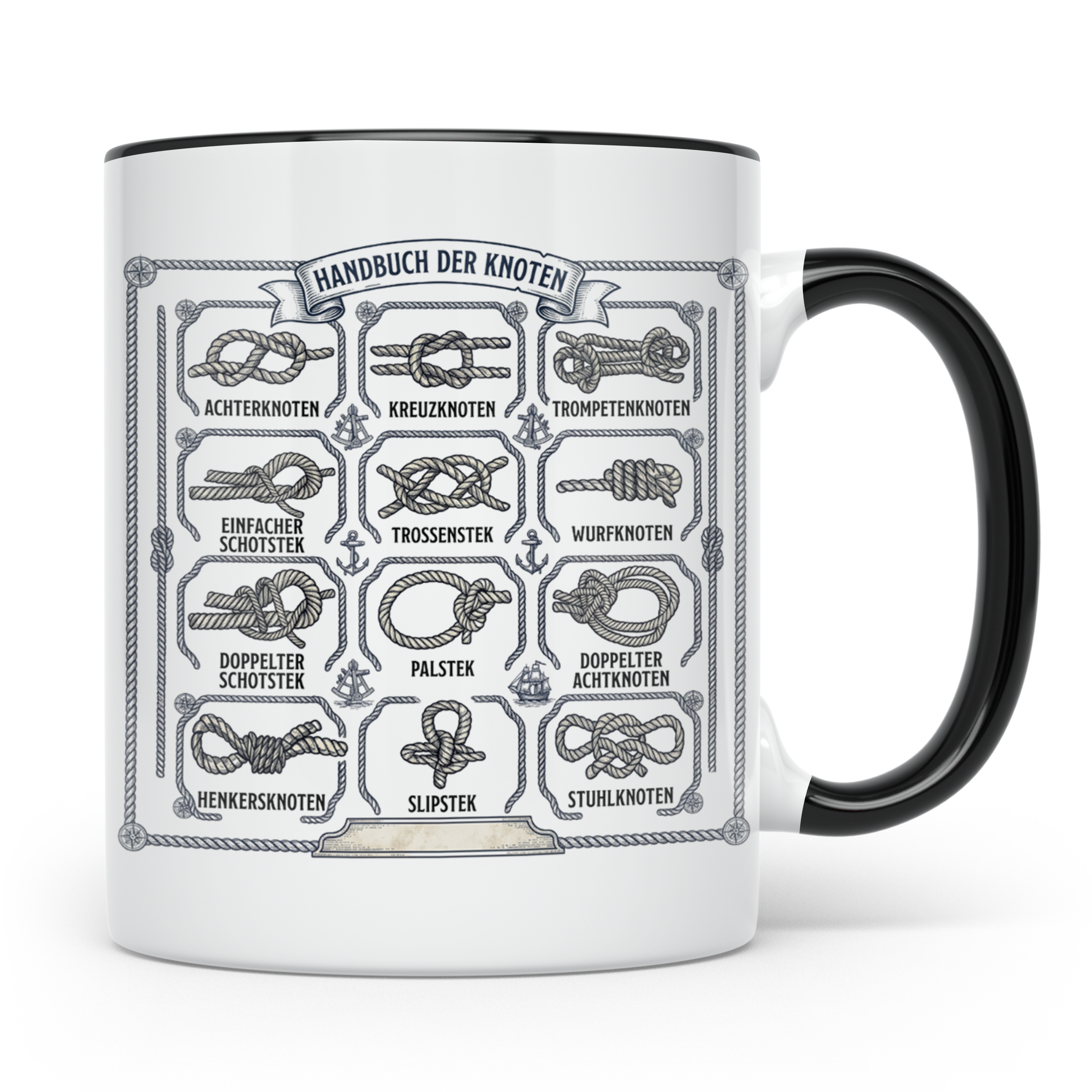 Knotenkunde Tasse mit Segelknoten & Seemannsknoten, Handbuch – Schwarz [farbe:schwarz]