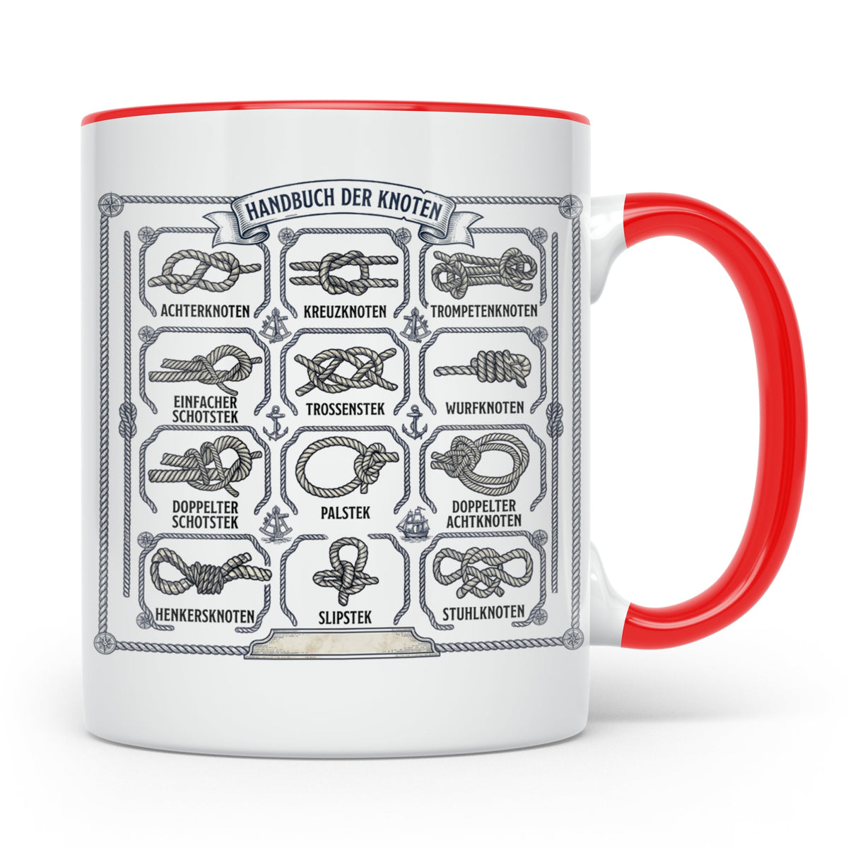 Knotenkunde Tasse mit Segelknoten & Seemannsknoten, Handbuch – Rot [farbe:rot]