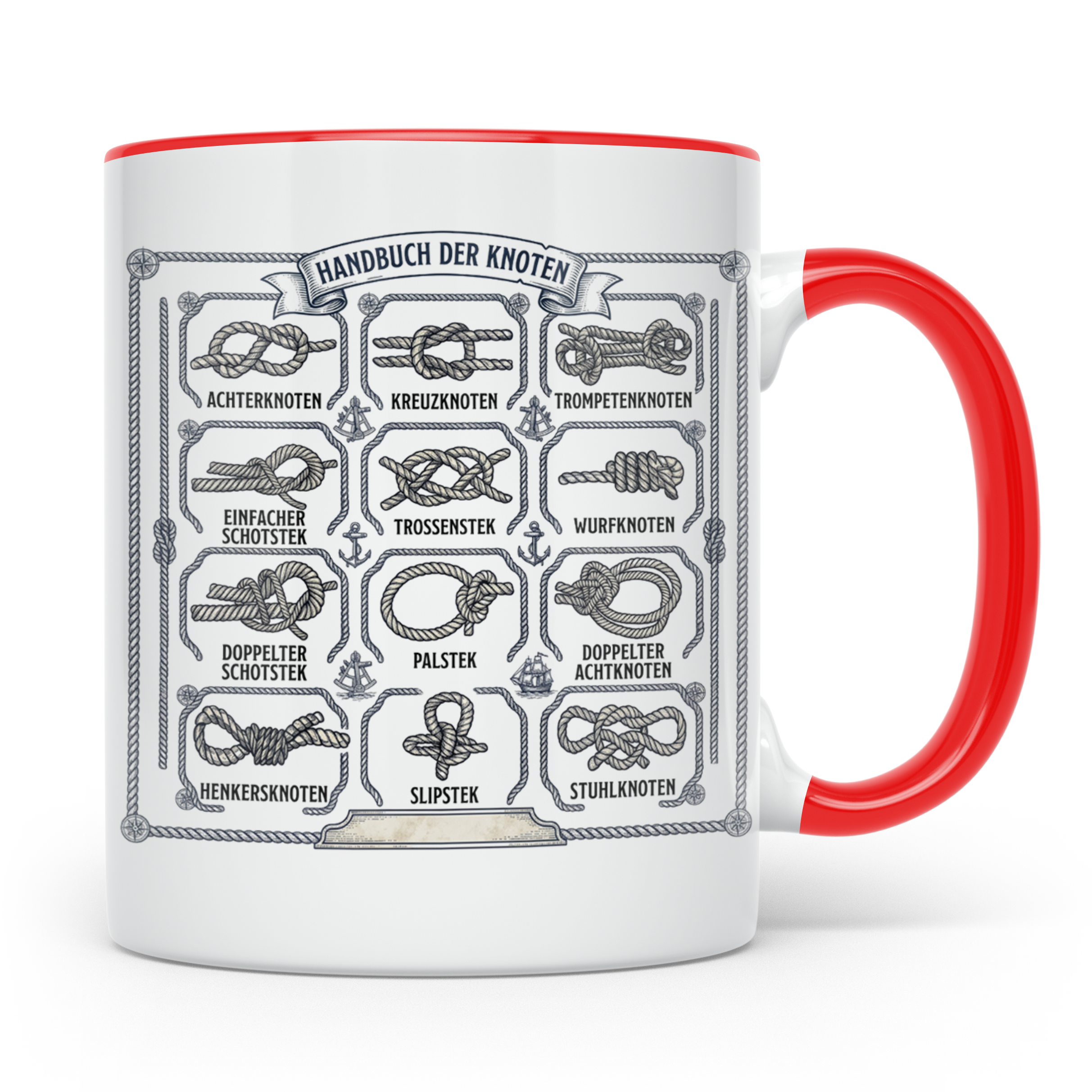 Knotenkunde Tasse mit Segelknoten & Seemannsknoten, Handbuch – Rot [farbe:rot]