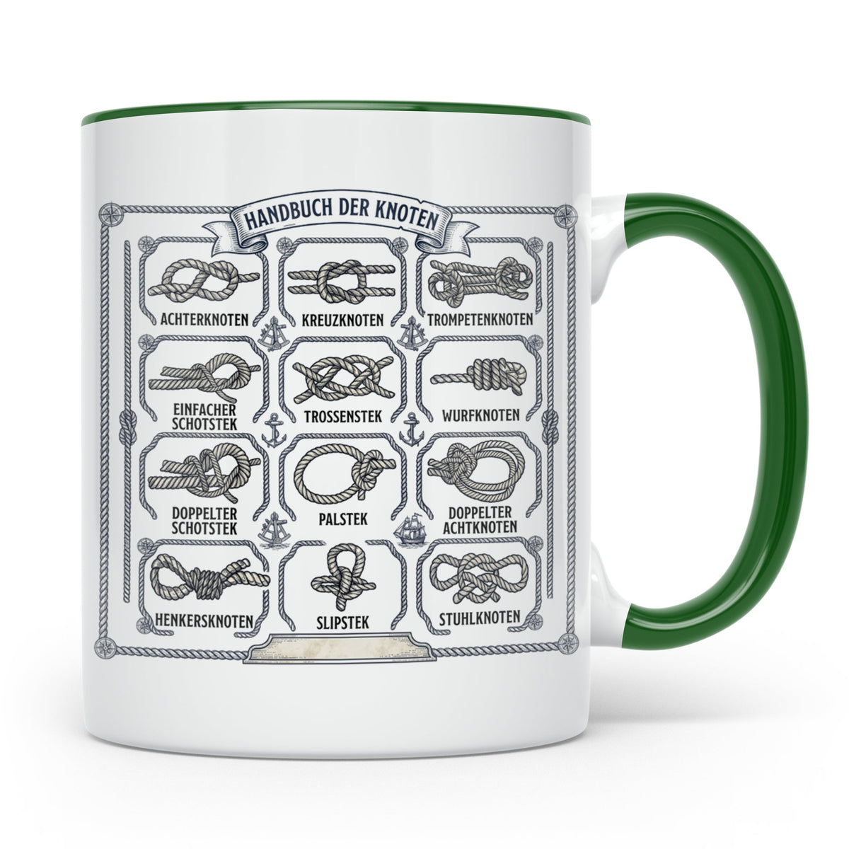 Knotenkunde Tasse mit Segelknoten & Seemannsknoten, Handbuch – Grün [farbe:grün]