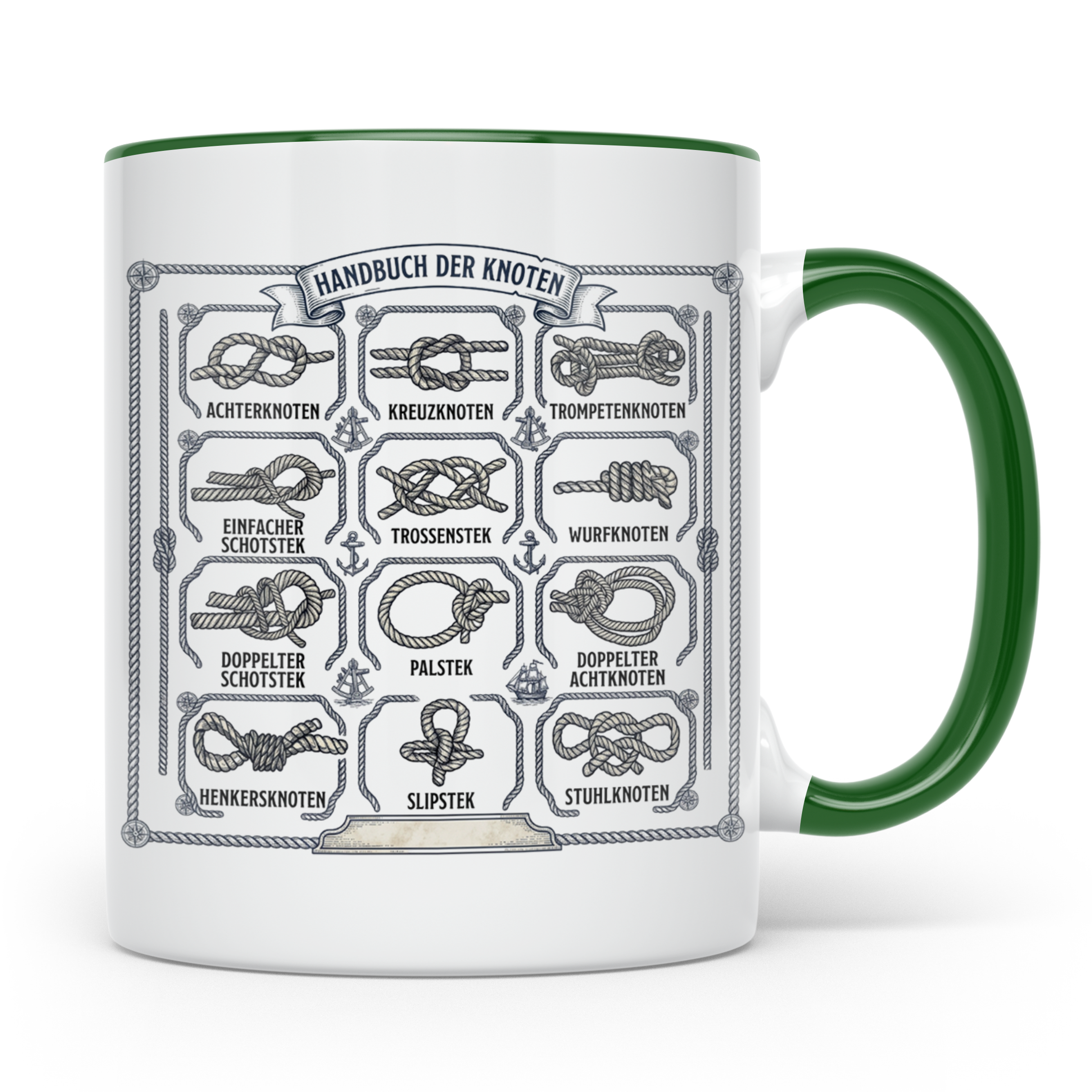 Knotenkunde Tasse mit Segelknoten & Seemannsknoten, Handbuch – Grün [farbe:grün]
