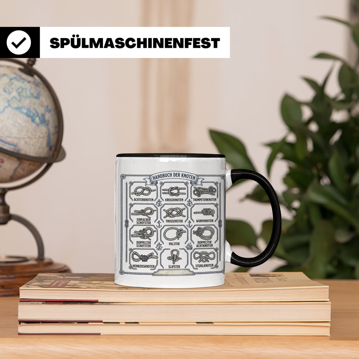 Knotenkunde Tasse mit Segelknoten & Seemannsknoten, Handbuch – Schwarz [farbe:schwarz]