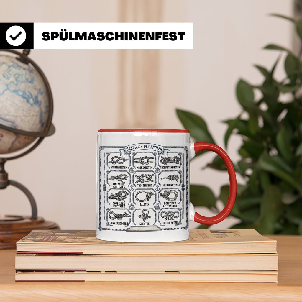 Knotenkunde Tasse mit Segelknoten & Seemannsknoten, Handbuch – Rot [farbe:rot]