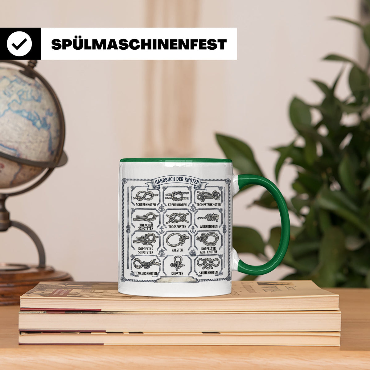 Knotenkunde Tasse mit Segelknoten & Seemannsknoten, Handbuch – Grün [farbe:grün]