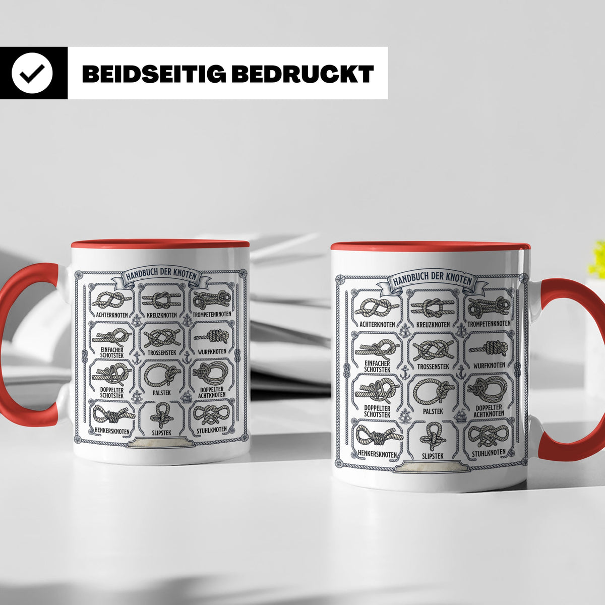 Knotenkunde Tasse mit Segelknoten & Seemannsknoten, Handbuch – Rot [farbe:rot]