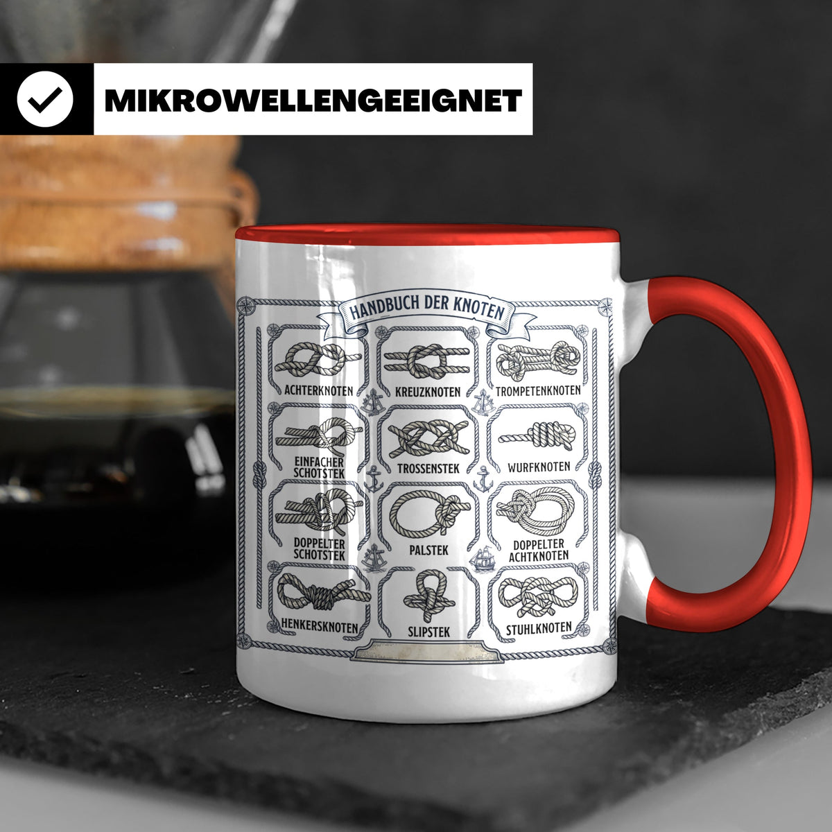Knotenkunde Tasse mit Segelknoten & Seemannsknoten, Handbuch – Rot [farbe:rot]