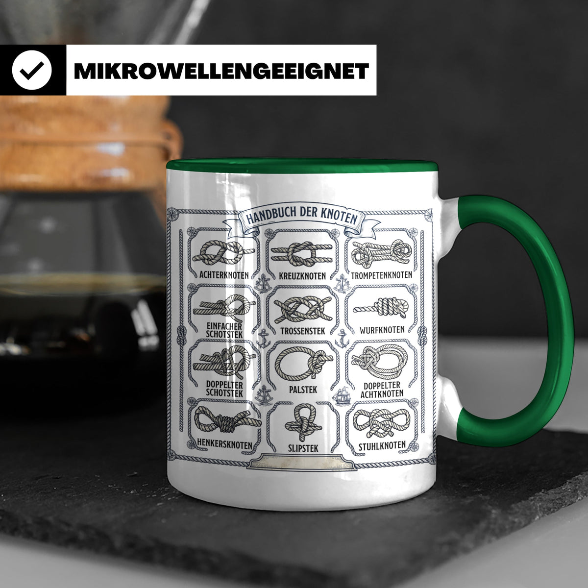 Knotenkunde Tasse mit Segelknoten & Seemannsknoten, Handbuch – Grün [farbe:grün]