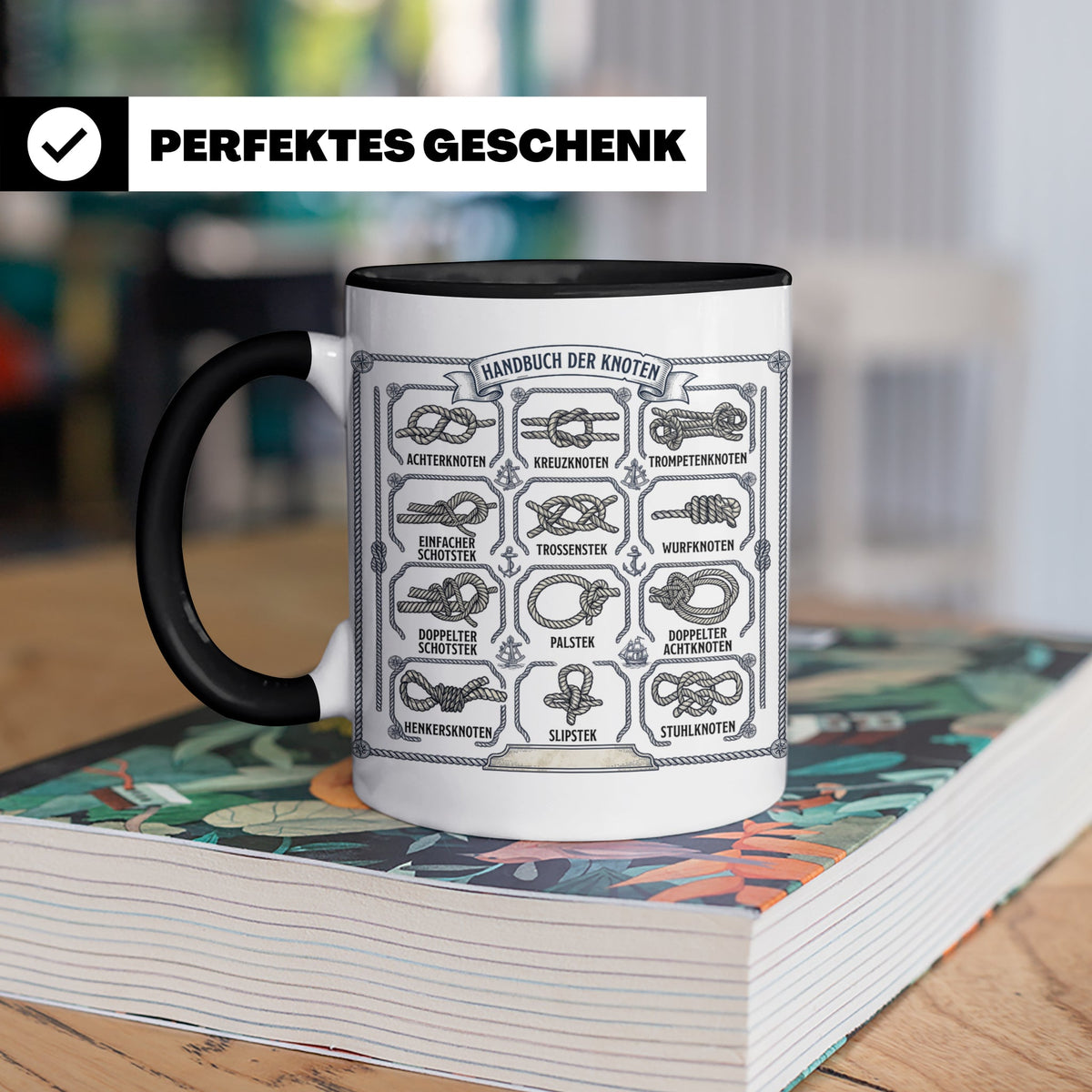 Knotenkunde Tasse mit Segelknoten & Seemannsknoten, Handbuch – Schwarz [farbe:schwarz]
