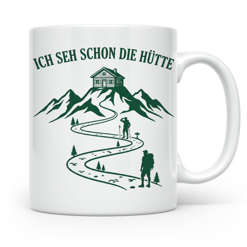 Wandertasse mit Spruch Ich seh schon die Hütte | Geschenk fü – Weiß [farbe:weiß]