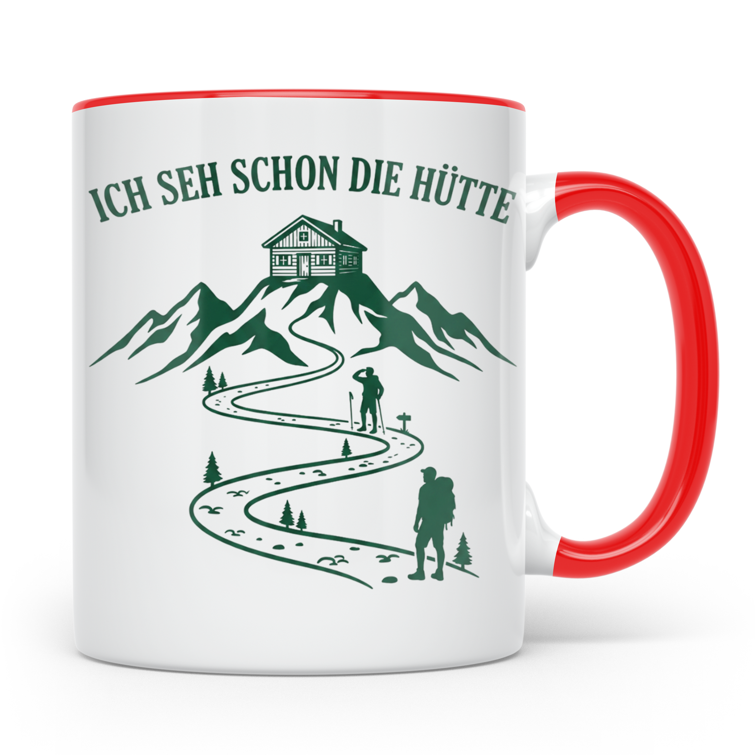 Wandertasse mit Spruch Ich seh schon die Hütte | Geschenk fü – Rot [farbe:rot]