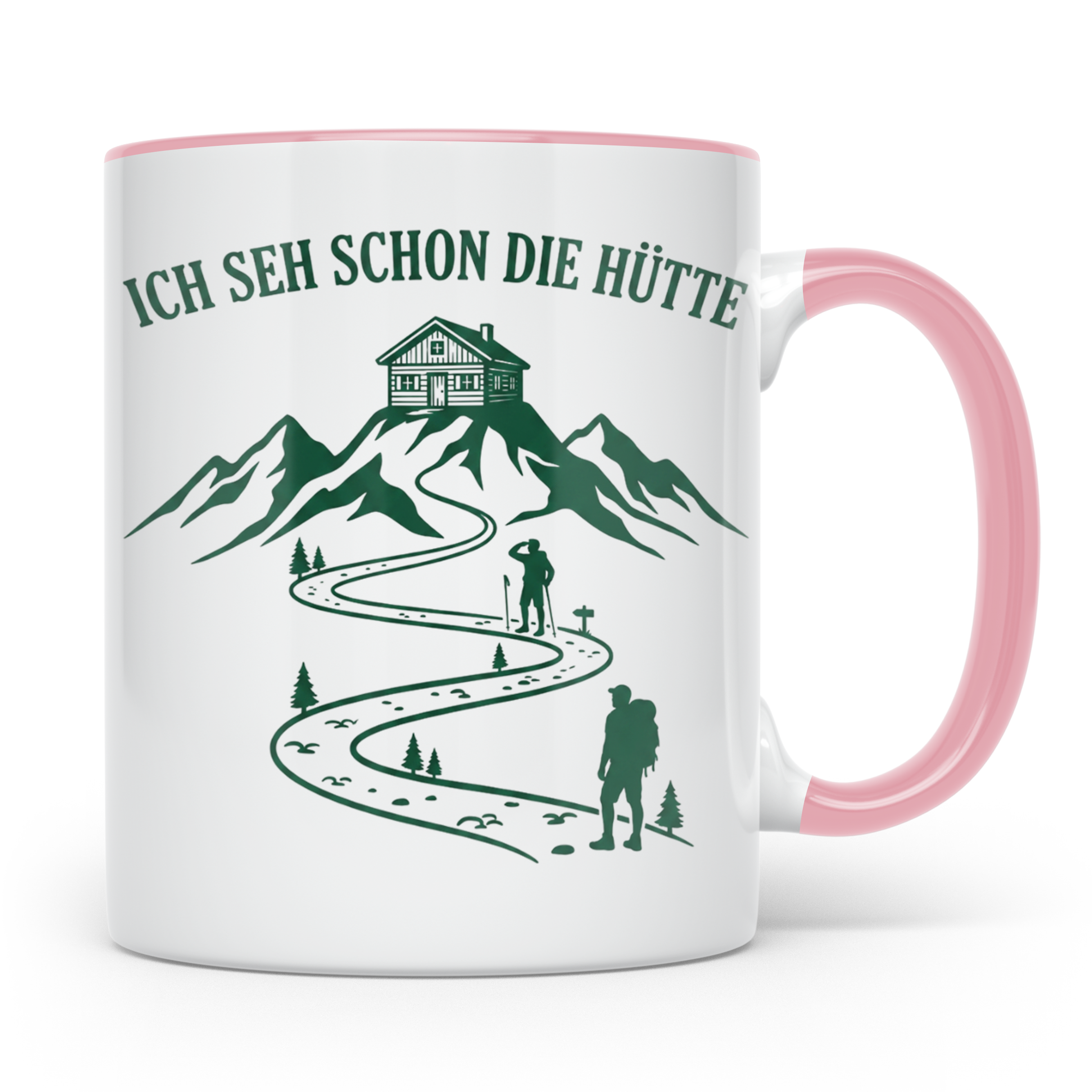 Wandertasse mit Spruch Ich seh schon die Hütte | Geschenk fü – Rosa [farbe:rosa]