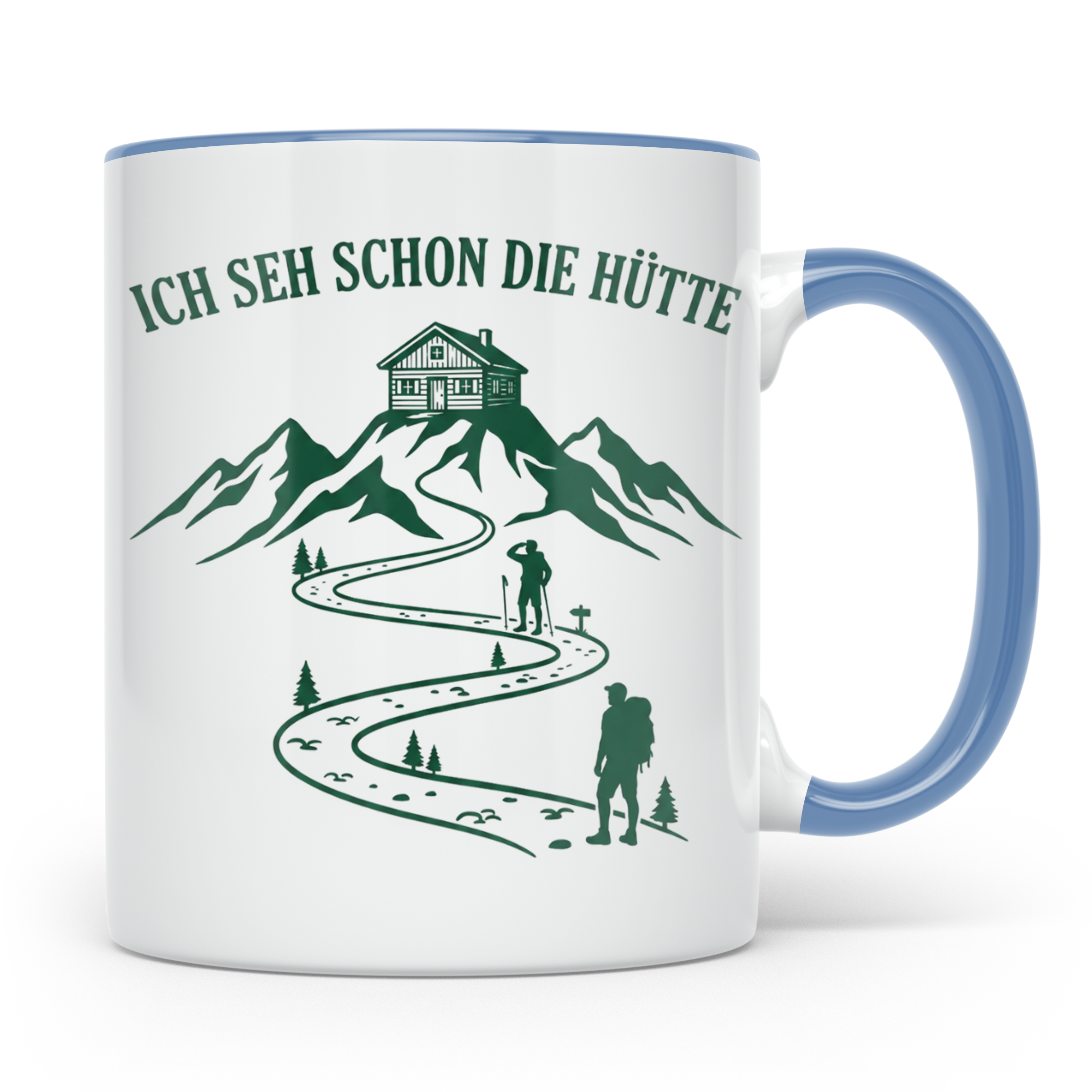 Wandertasse mit Spruch Ich seh schon die Hütte | Geschenk fü – Blau [farbe:blau]
