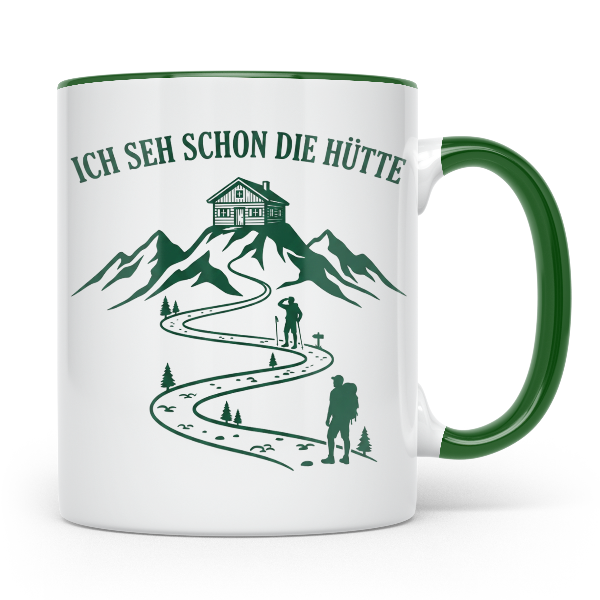 Wandertasse mit Spruch Ich seh schon die Hütte | Geschenk fü – Grün [farbe:grün]