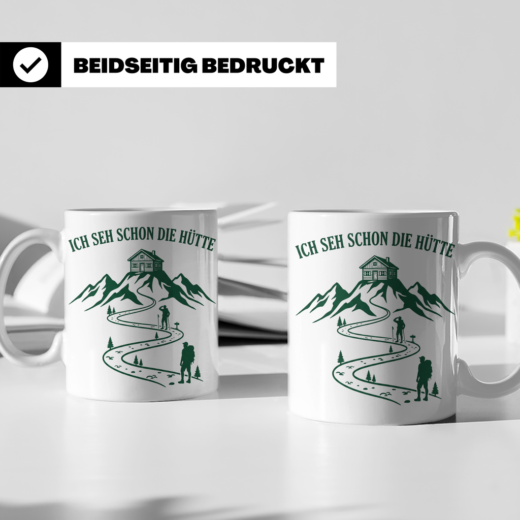 Wandertasse mit Spruch Ich seh schon die Hütte | Geschenk fü – Weiß [farbe:weiß]