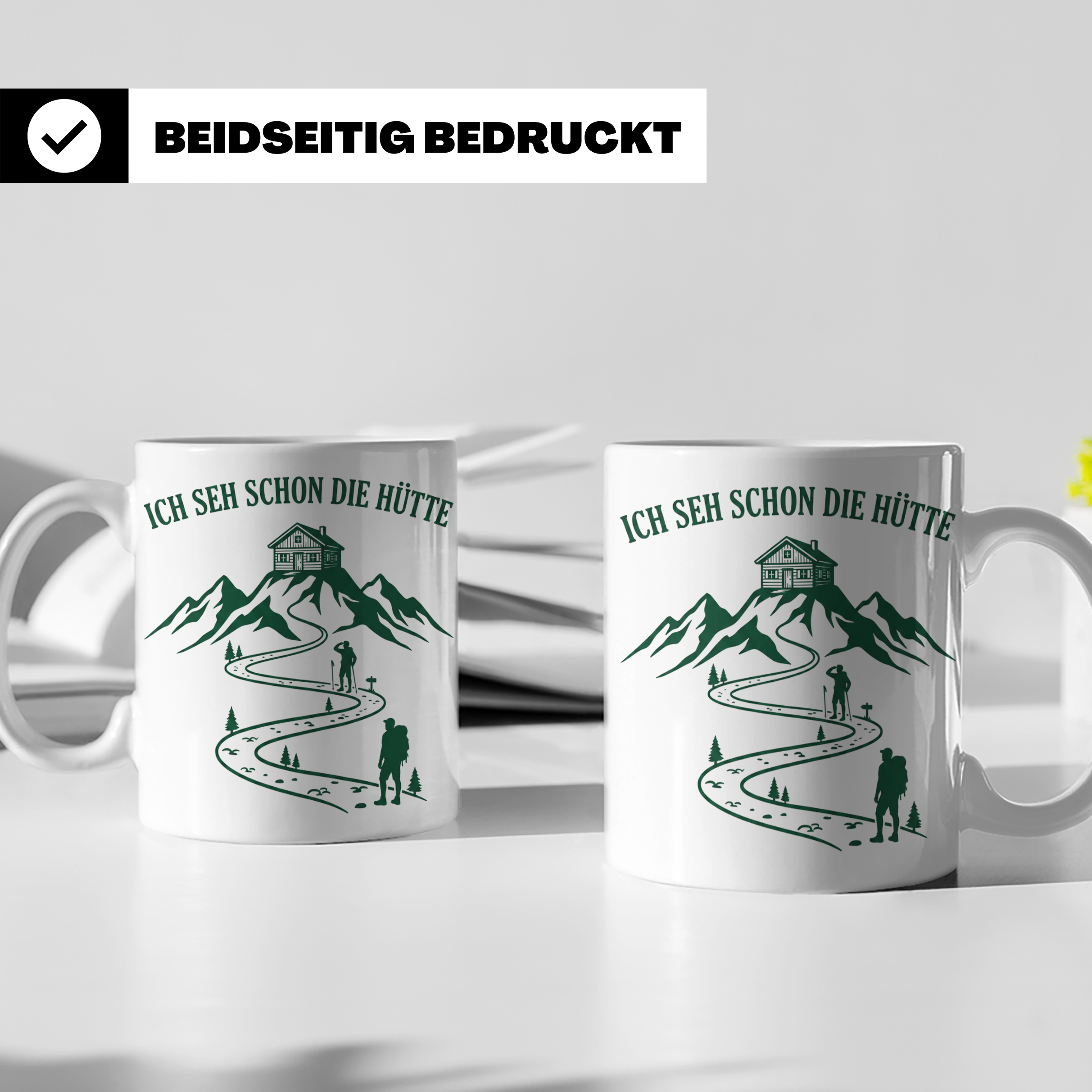 Wandertasse mit Spruch Ich seh schon die Hütte | Geschenk fü – Weiß [farbe:weiß]