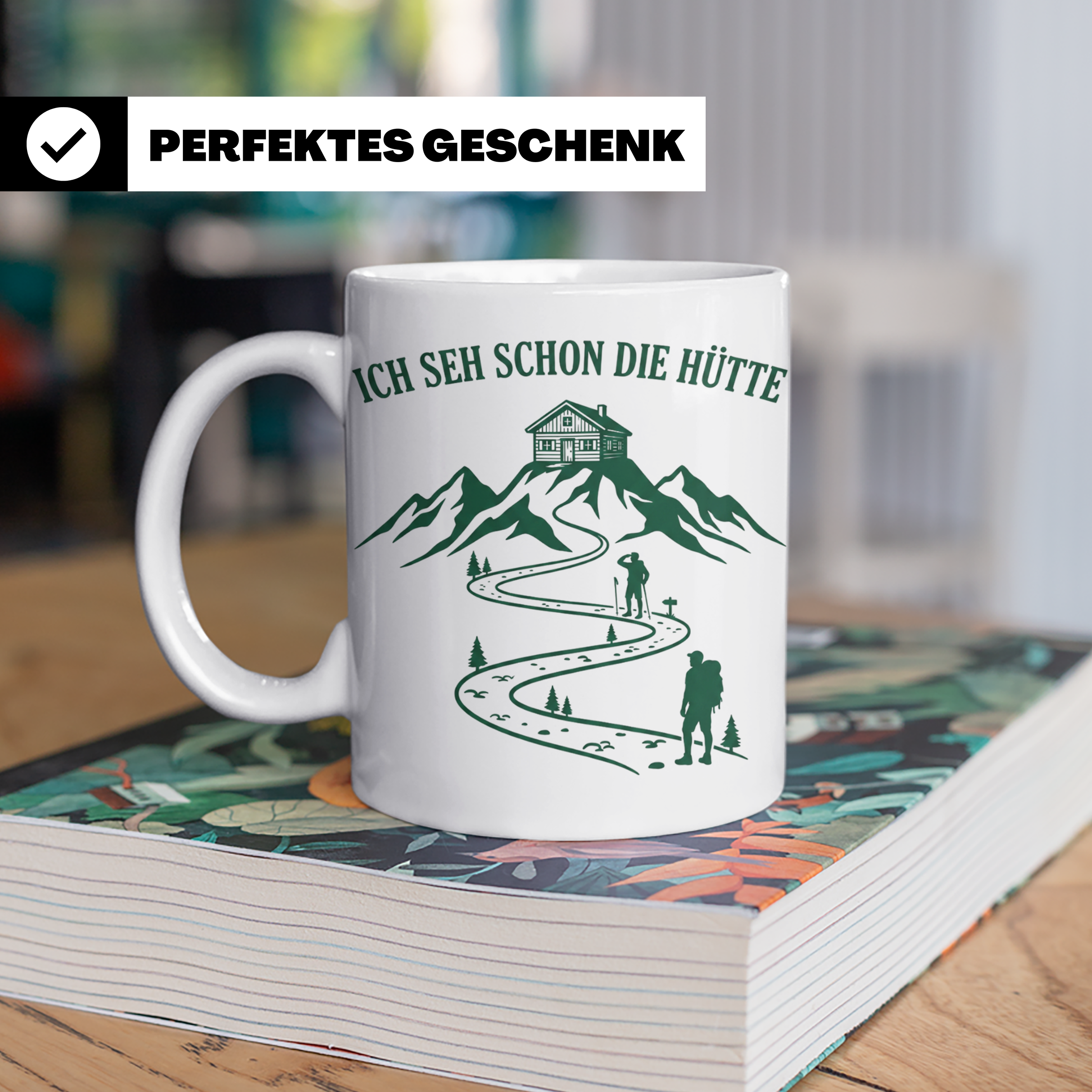 Wandertasse mit Spruch Ich seh schon die Hütte | Geschenk fü – Weiß [farbe:weiß]